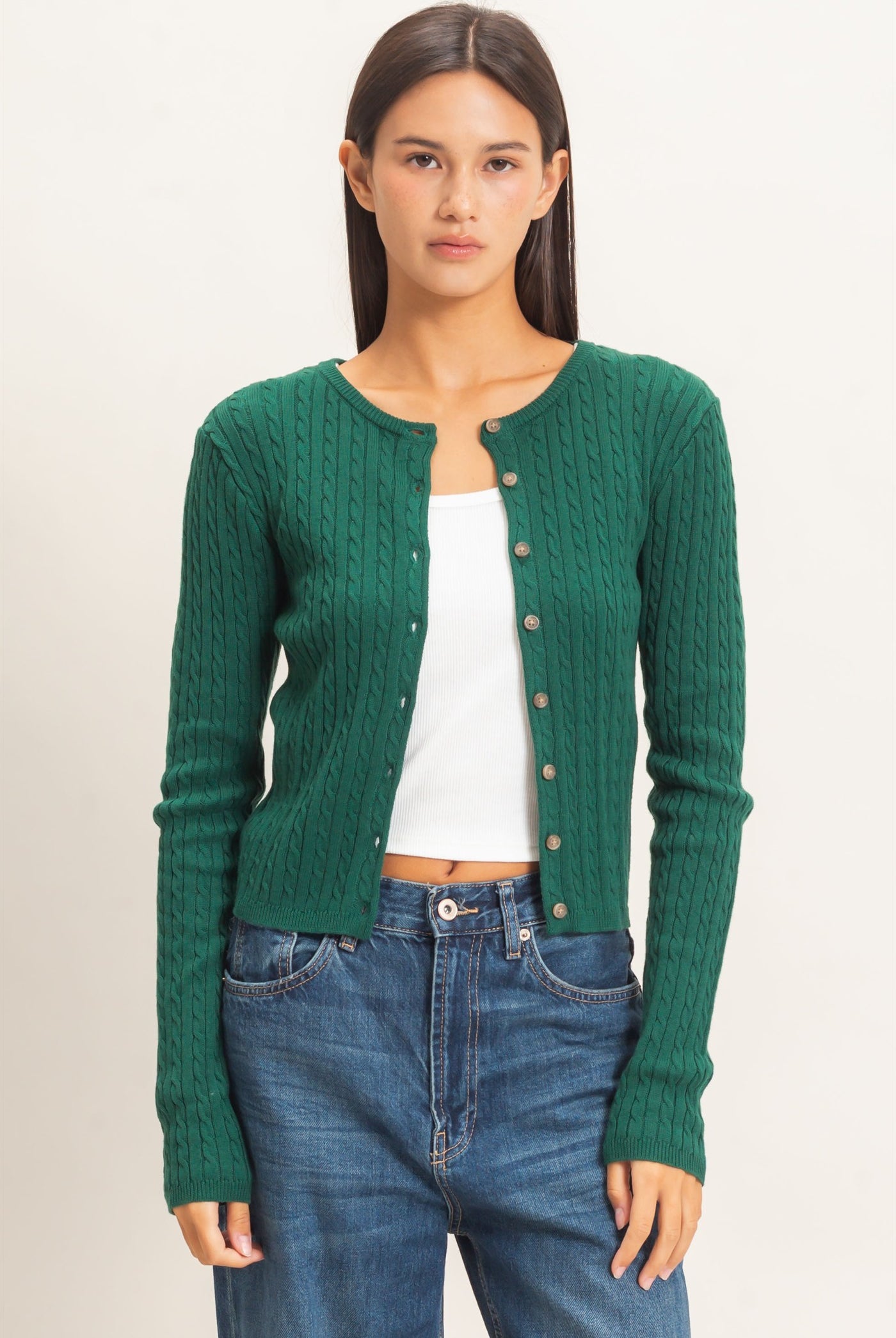 Wholesale Cable Knit Cardigan Cardigans DZ26E256 DARK GREEN DOUBLE ZERO