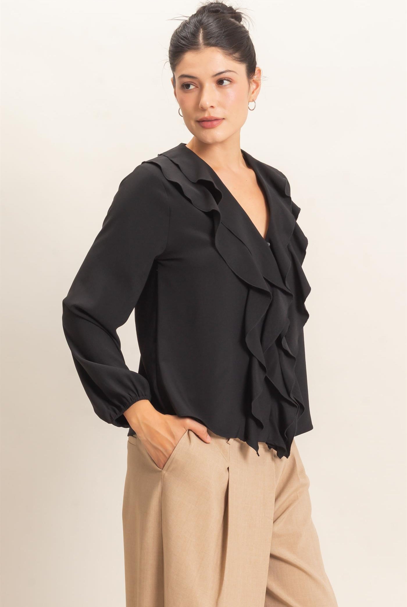 Wholesale Ruffled V-Neck Button-Up Blouse Blouses HF26C739 BLACK HYFVE