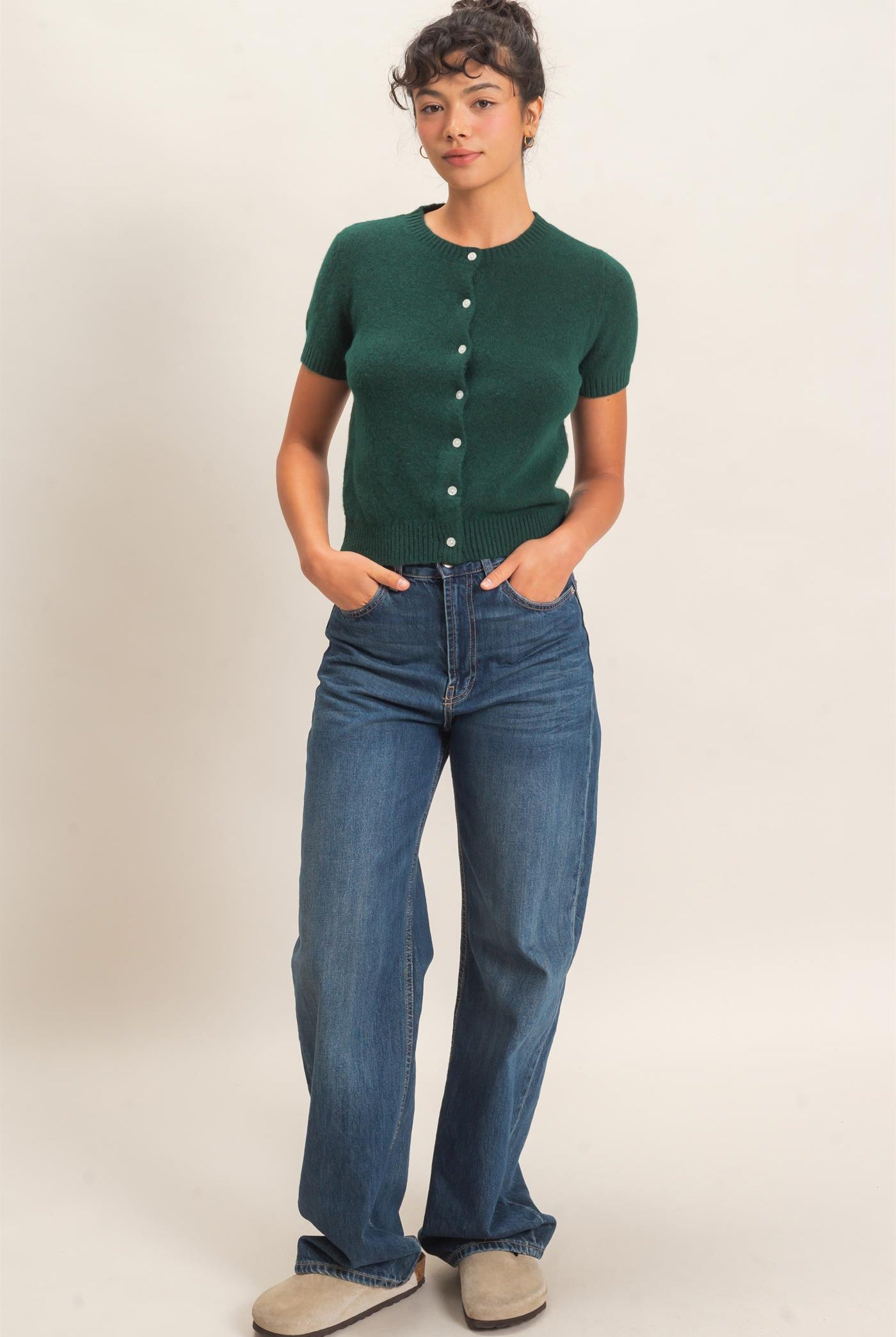 Wholesale Crew Neck Short Sleeve Cardigan Cardigans DZ26E108 DARK GREEN DOUBLE ZERO