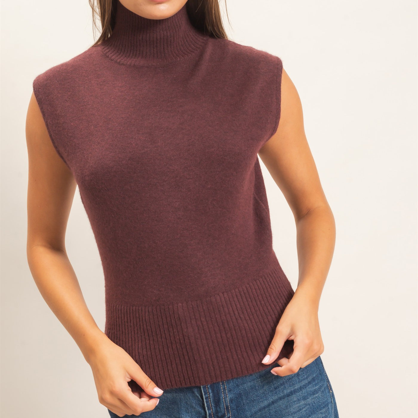 Wholesale Sleeveless High Neck Knit Top Clothing Tops DZ26E946 CHESTNUT DOUBLE ZERO