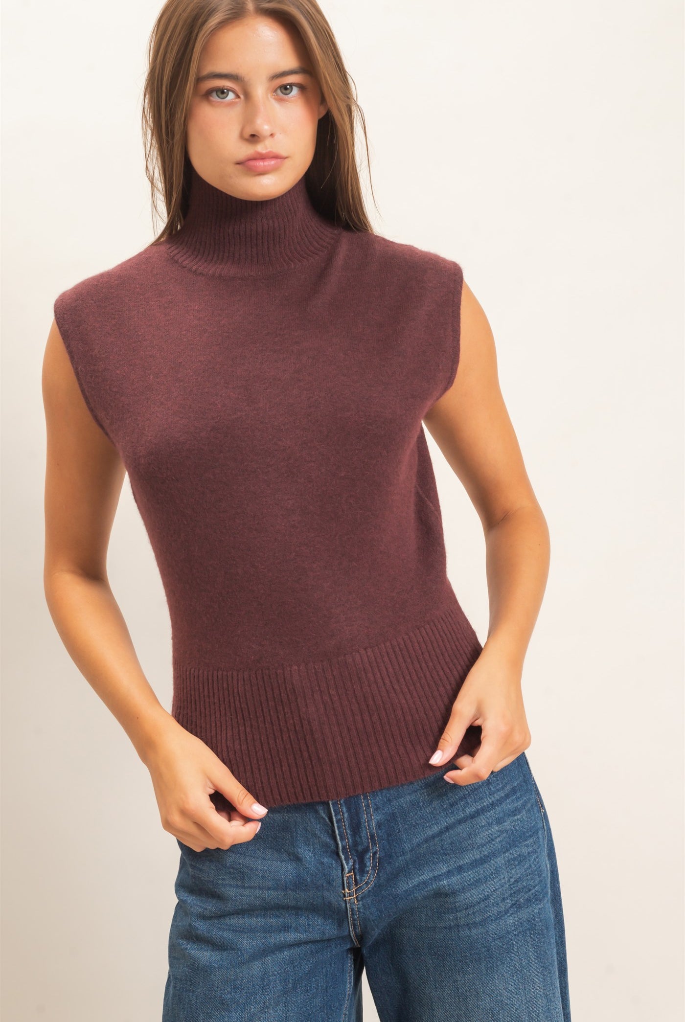 Wholesale Sleeveless High Neck Knit Top Clothing Tops DZ26E946 CHESTNUT DOUBLE ZERO