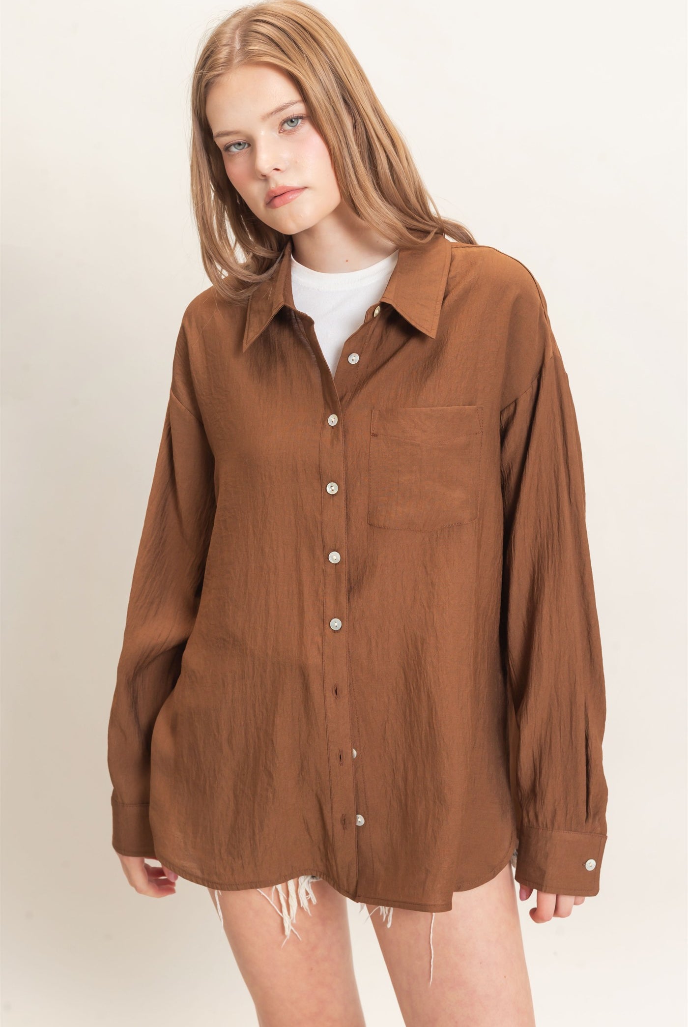 Wholesale Crinkled Button-Up Shirt Clothing Tops HF26E691 BROWN HYFVE