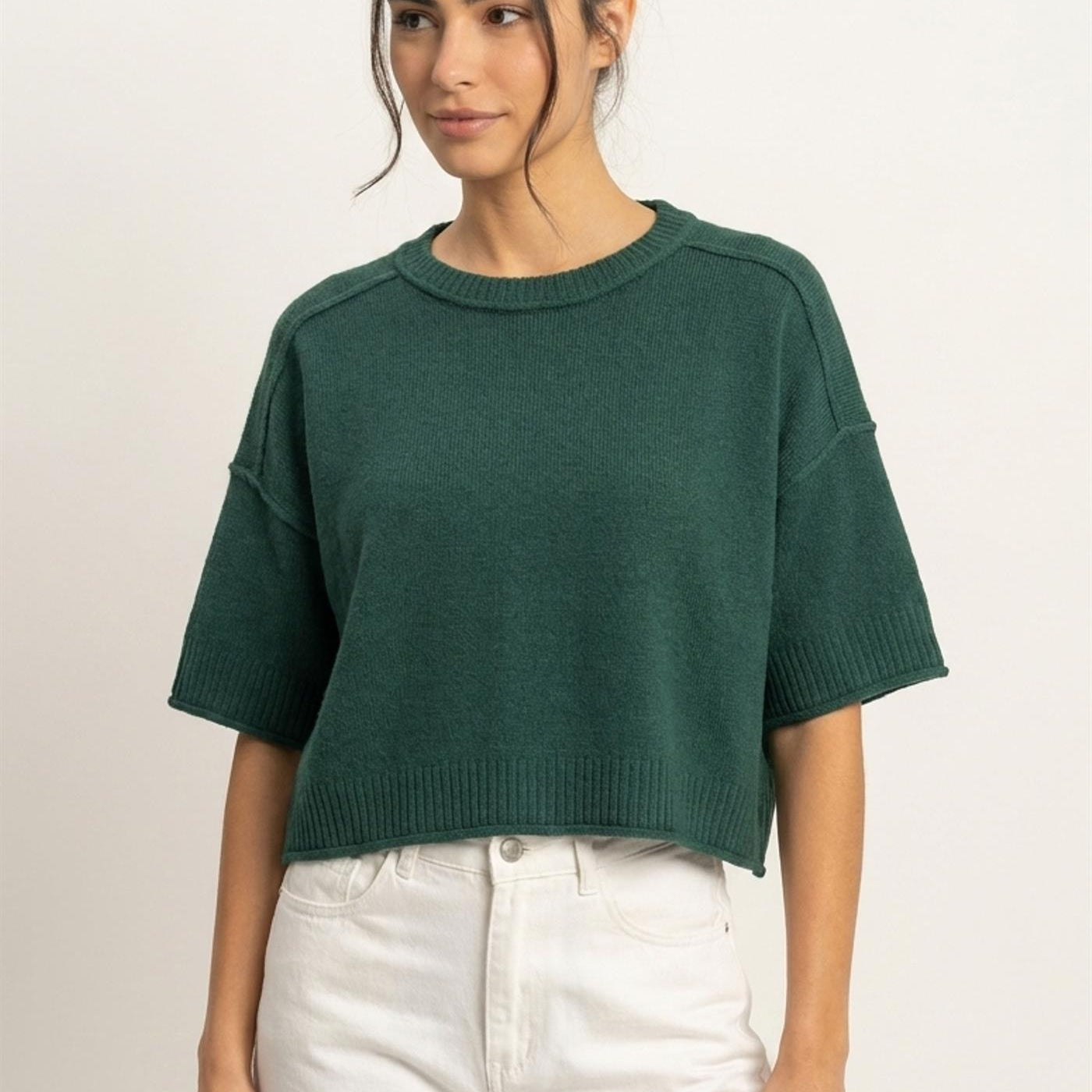Wholesale Seam Detail Short Sleeve Knit Top Clothing Tops DZ26A827 DARK GREEN DOUBLE ZERO