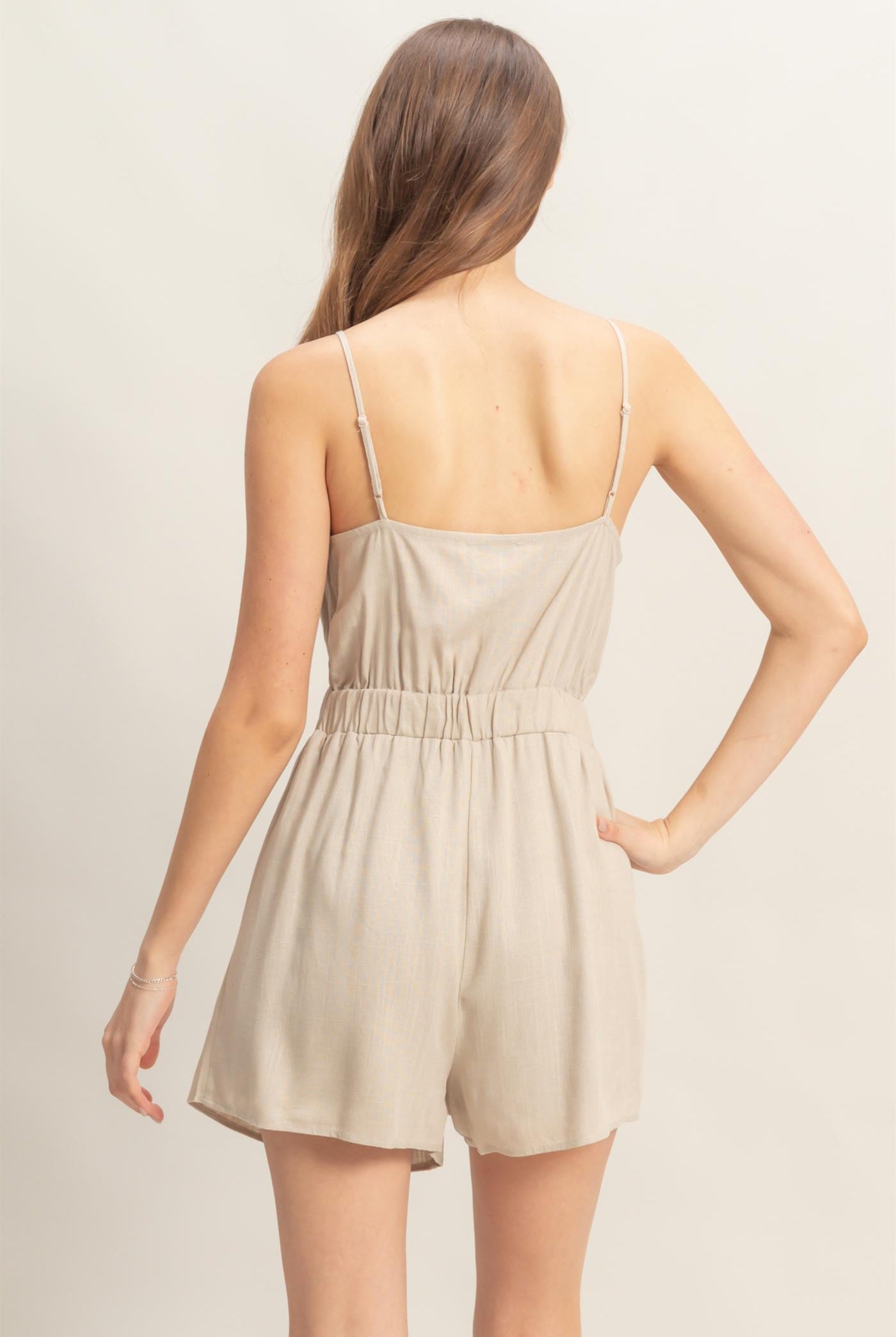 Wholesale Plunging V-Neck Cutout Linen Romper Clothing HF25A248 TAUPE HYFVE