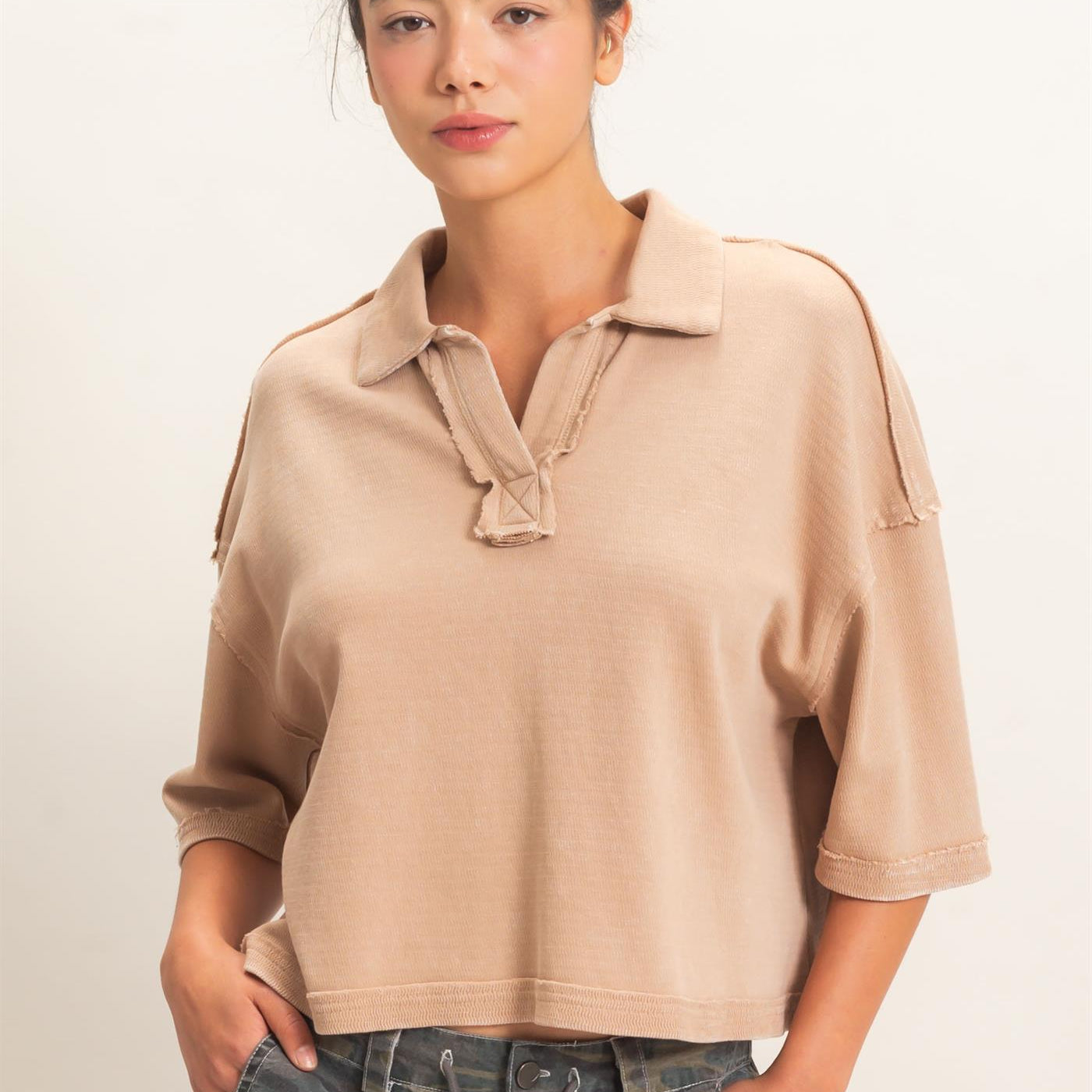 Wholesale Mineral Wash Oversized Collar Short Sleeve Top Clothing Tops DZ26E813 DARK TAUPE DOUBLE ZERO