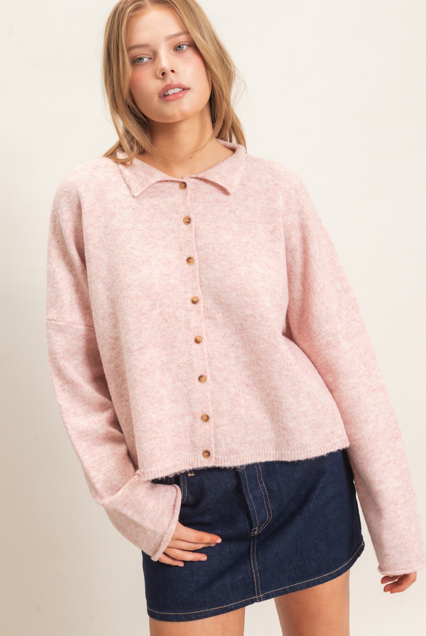 Wholesale Button-Up Collared Sweater Cardigan Cardigans HF26E039 LIGHT PINK HYFVE