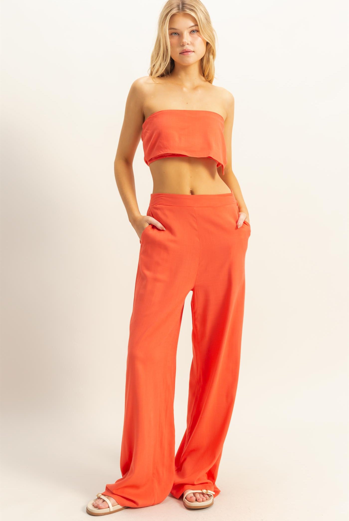 Wholesale Stretch Linen Top And Pants Set Clothing HF25E016-SET ORANGE RED HYFVE