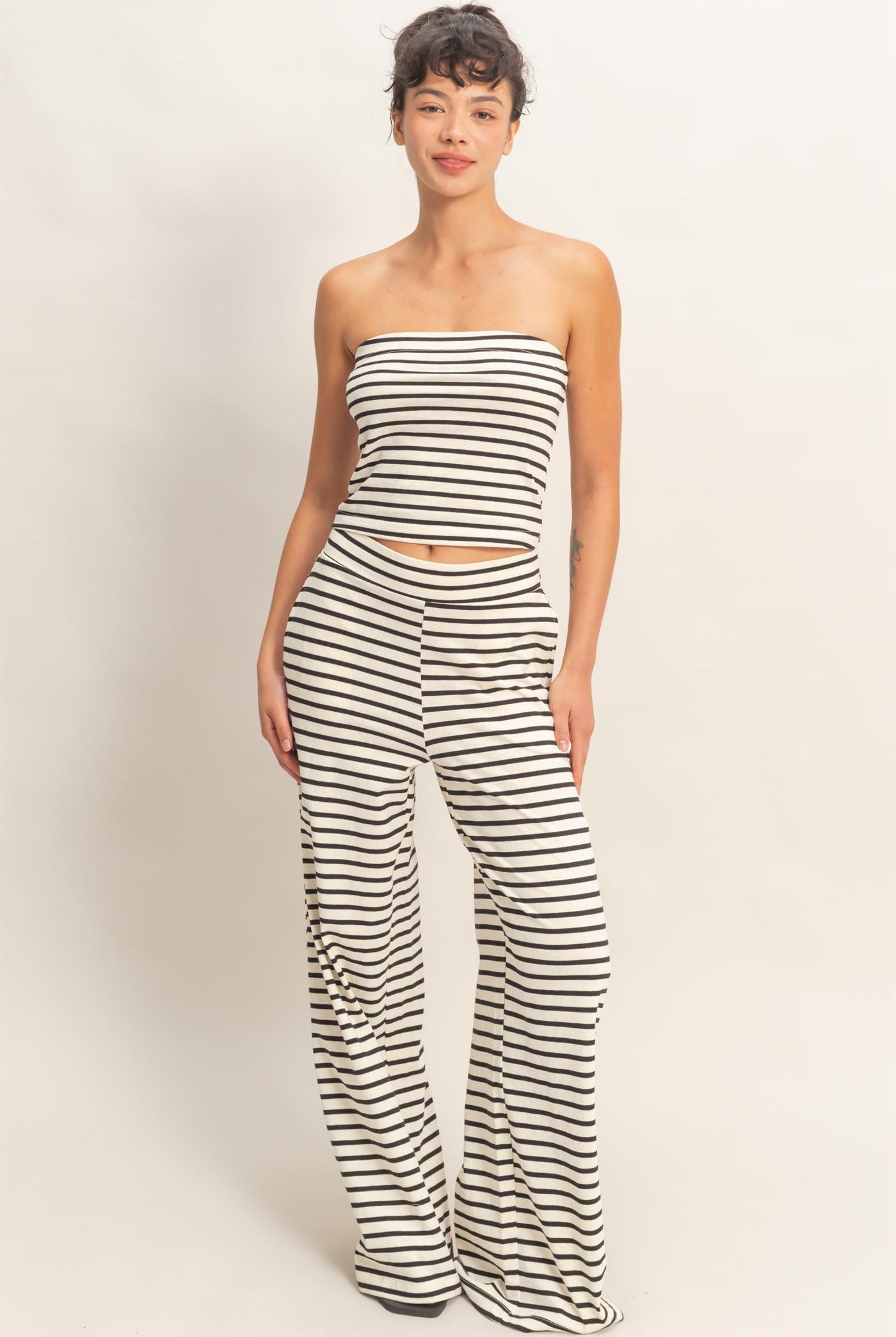 Wholesale Striped Jersey Tube Top And Pants Set Clothing DZ26C621-SET BLACK DOUBLE ZERO