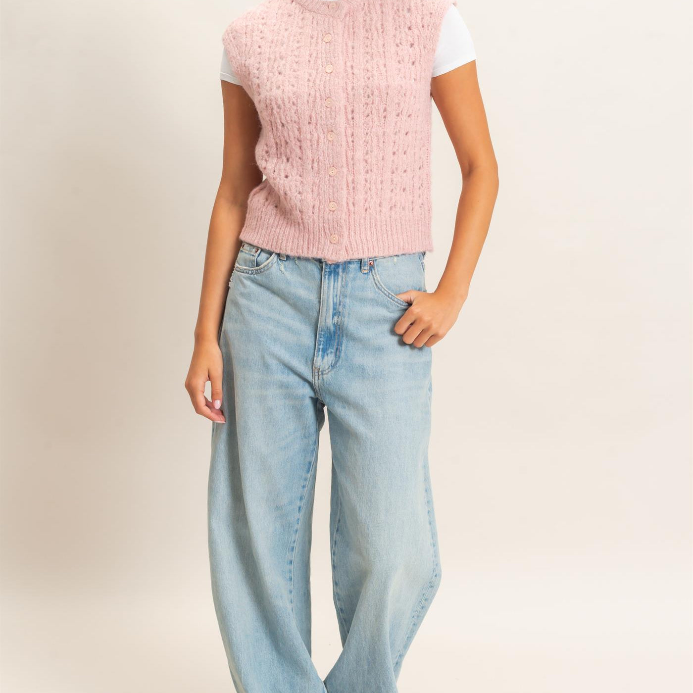 Wholesale Open Knit Sleeveless Button Front Sweater Vest Sweaters DZ26A829 PINK DOUBLE ZERO