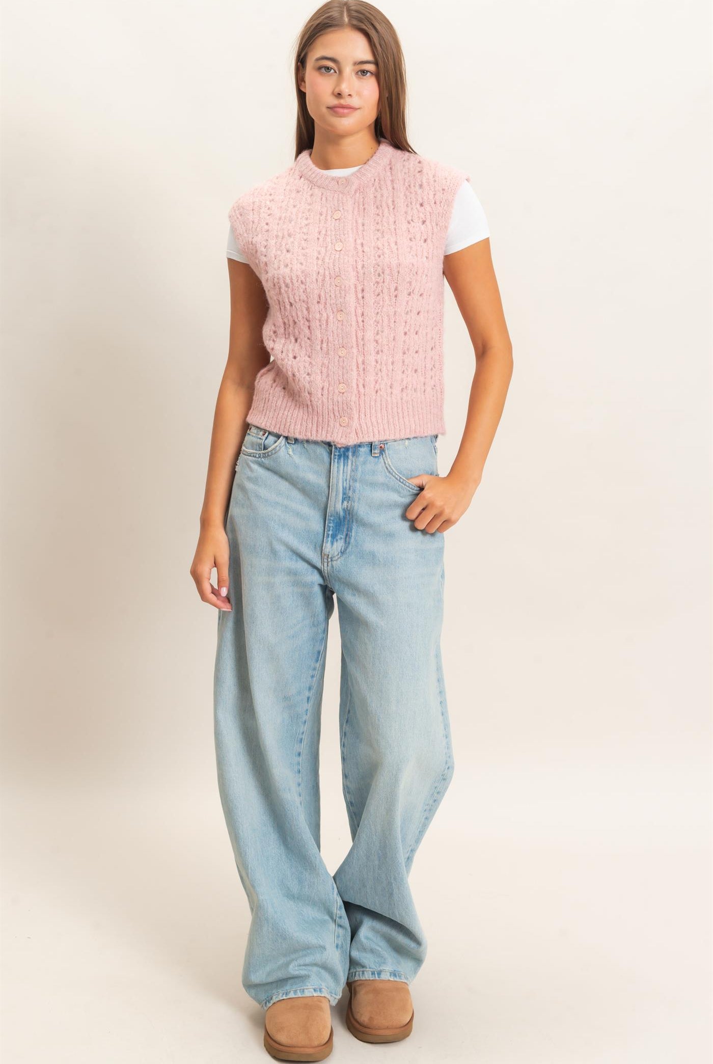 Wholesale Open Knit Sleeveless Button Front Sweater Vest Sweaters DZ26A829 PINK DOUBLE ZERO