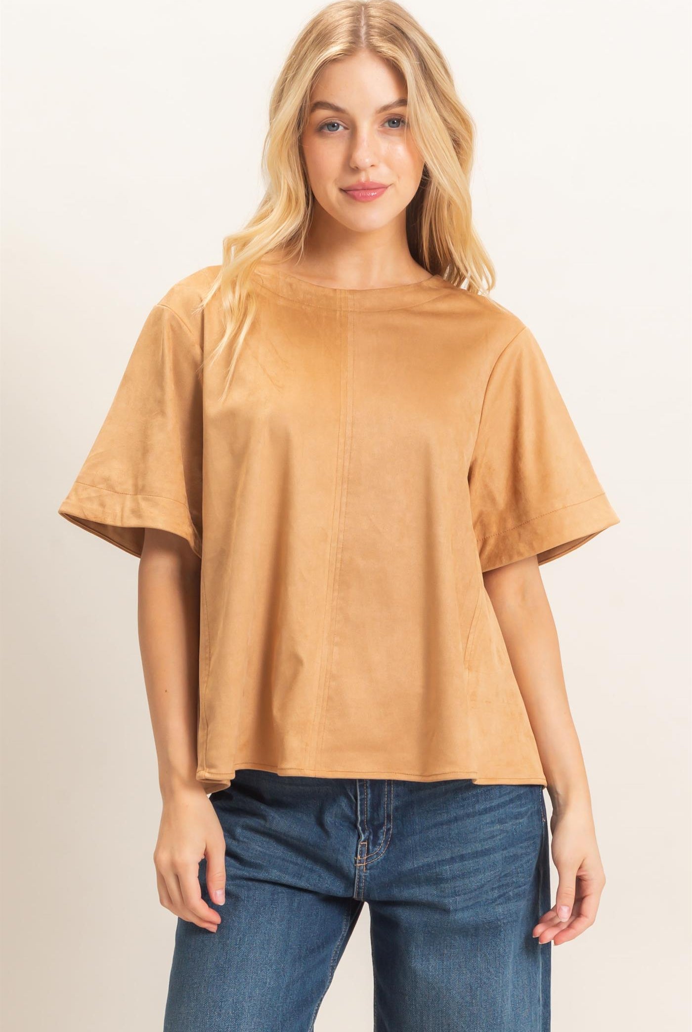 Wholesale Suede Boat Neck Top Clothing Tops HF26E351 CAMEL HYFVE