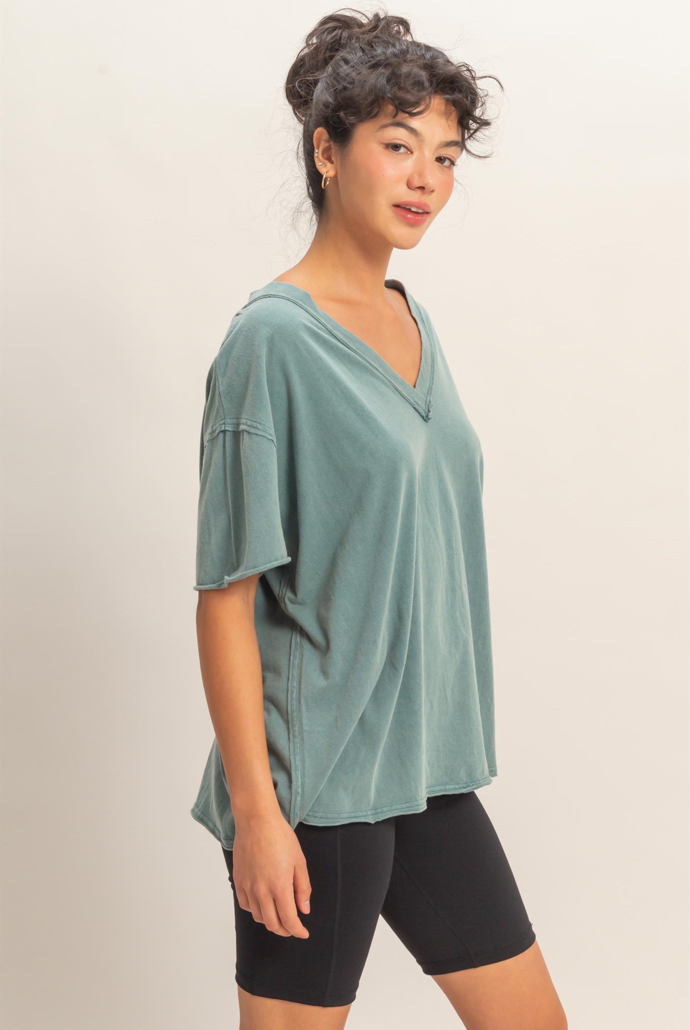 Wholesale Washed V-Neck Oversized Tee Clothing Tops DZ26A760 DARK TEAL DOUBLE ZERO