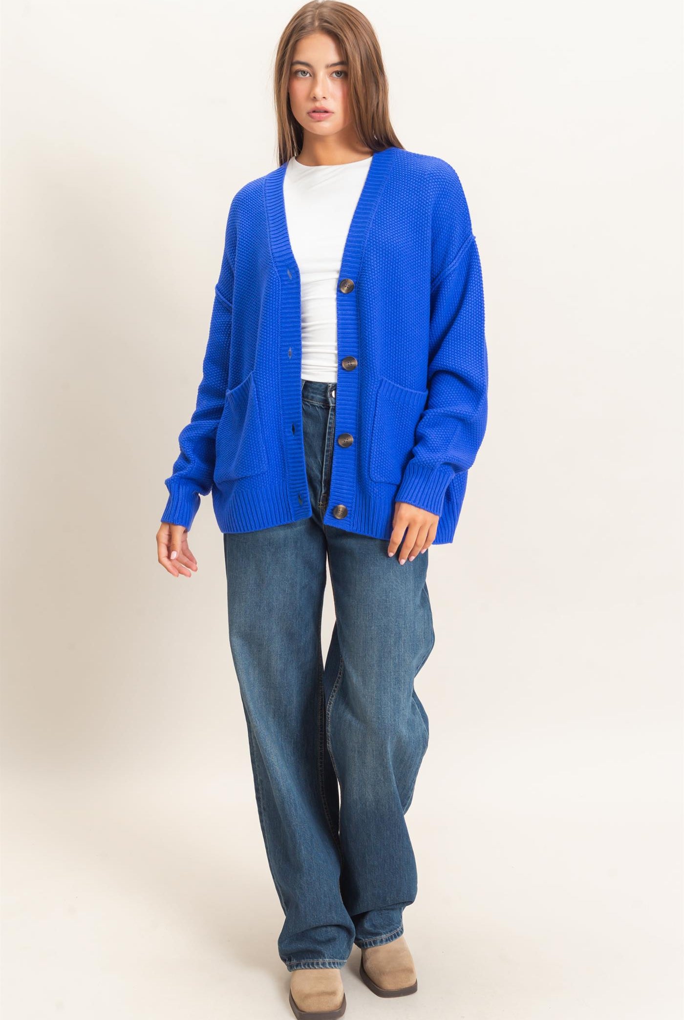 Wholesale Textured Oversized Knit Buttoned Cardigan Cardigans DZ26C971 COBALT DOUBLE ZERO