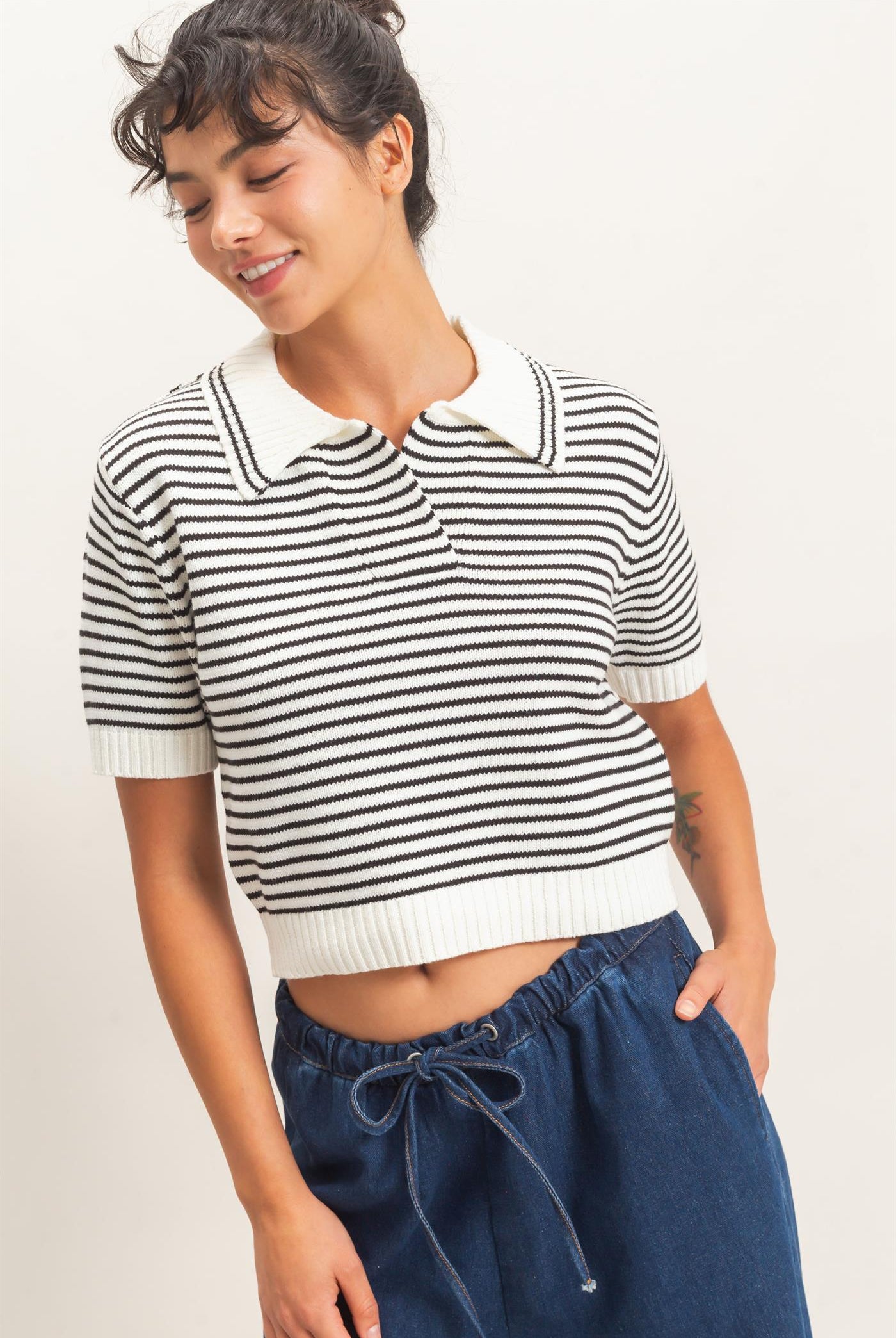 Wholesale Striped Short Sleeve Collar Knit Top Clothing Tops DZ26E261 CREAM DOUBLE ZERO