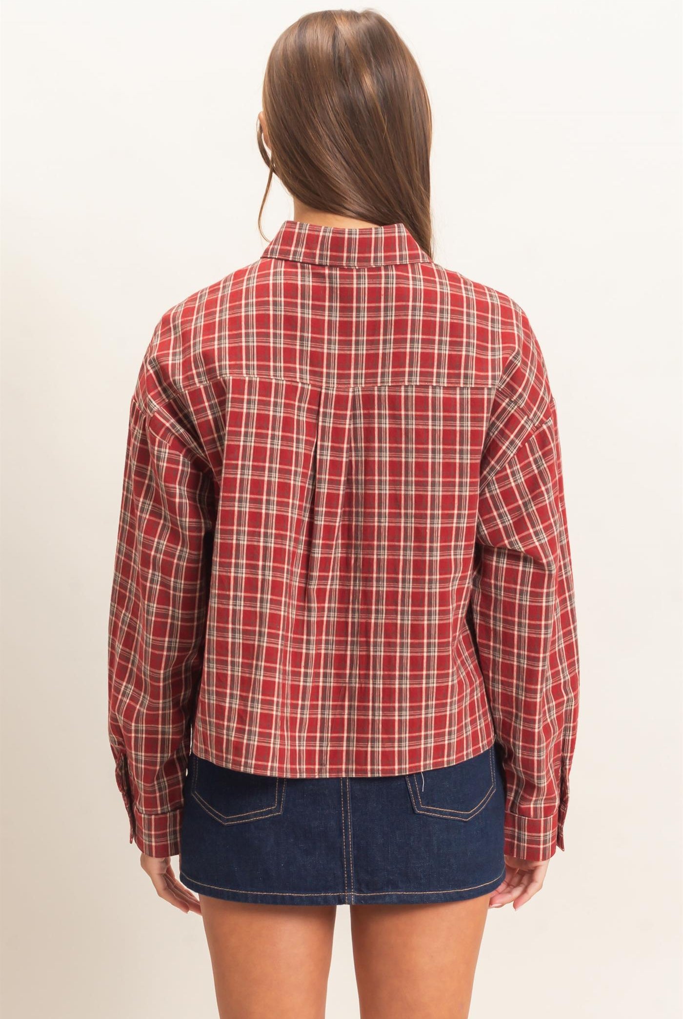 Wholesale Plaid Button-Up Shirt Clothing Tops DZ26E395 DARK RED DOUBLE ZERO