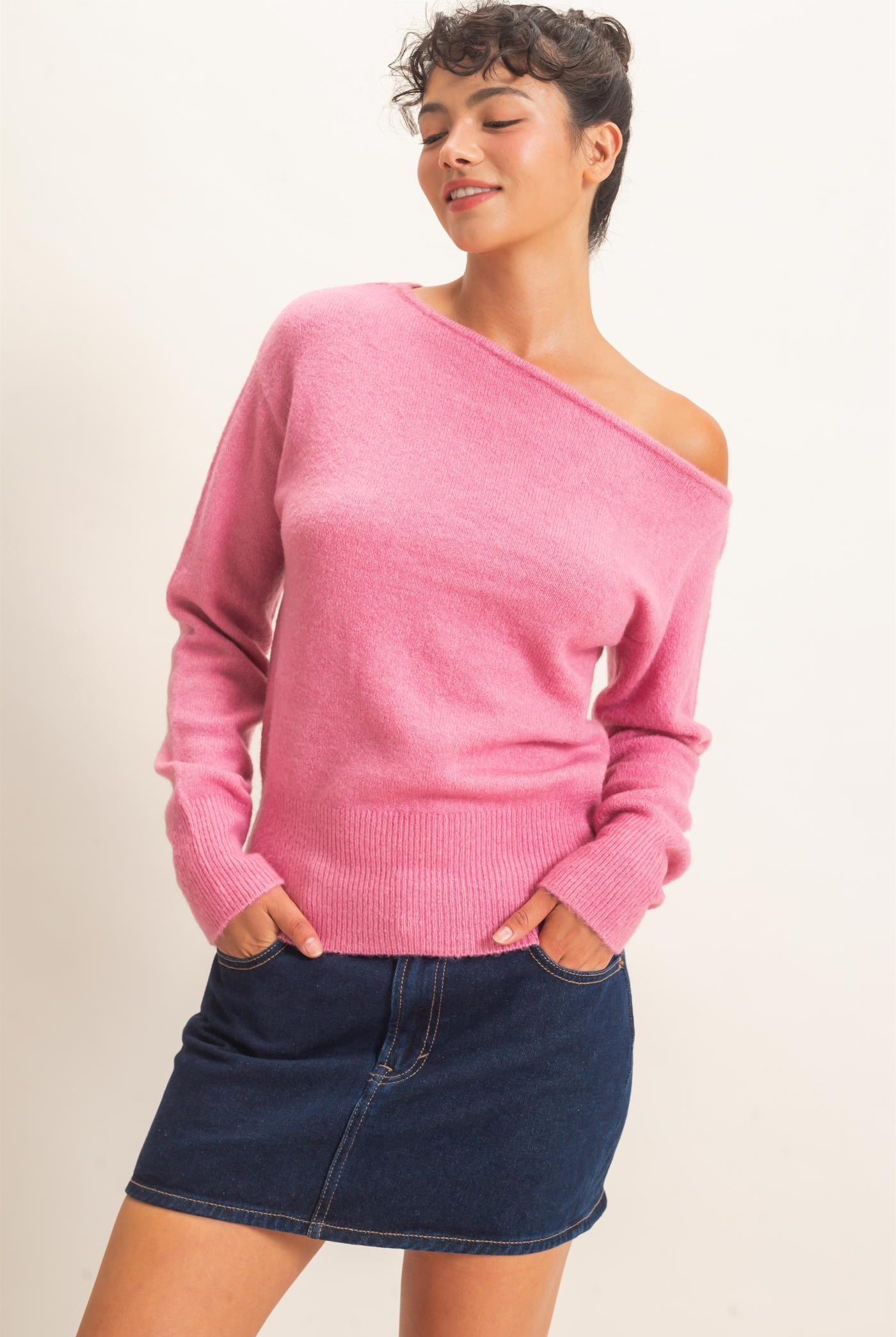 Wholesale Off The Shoulder Sweater Top Sweaters DZ26F290 PINK DOUBLE ZERO
