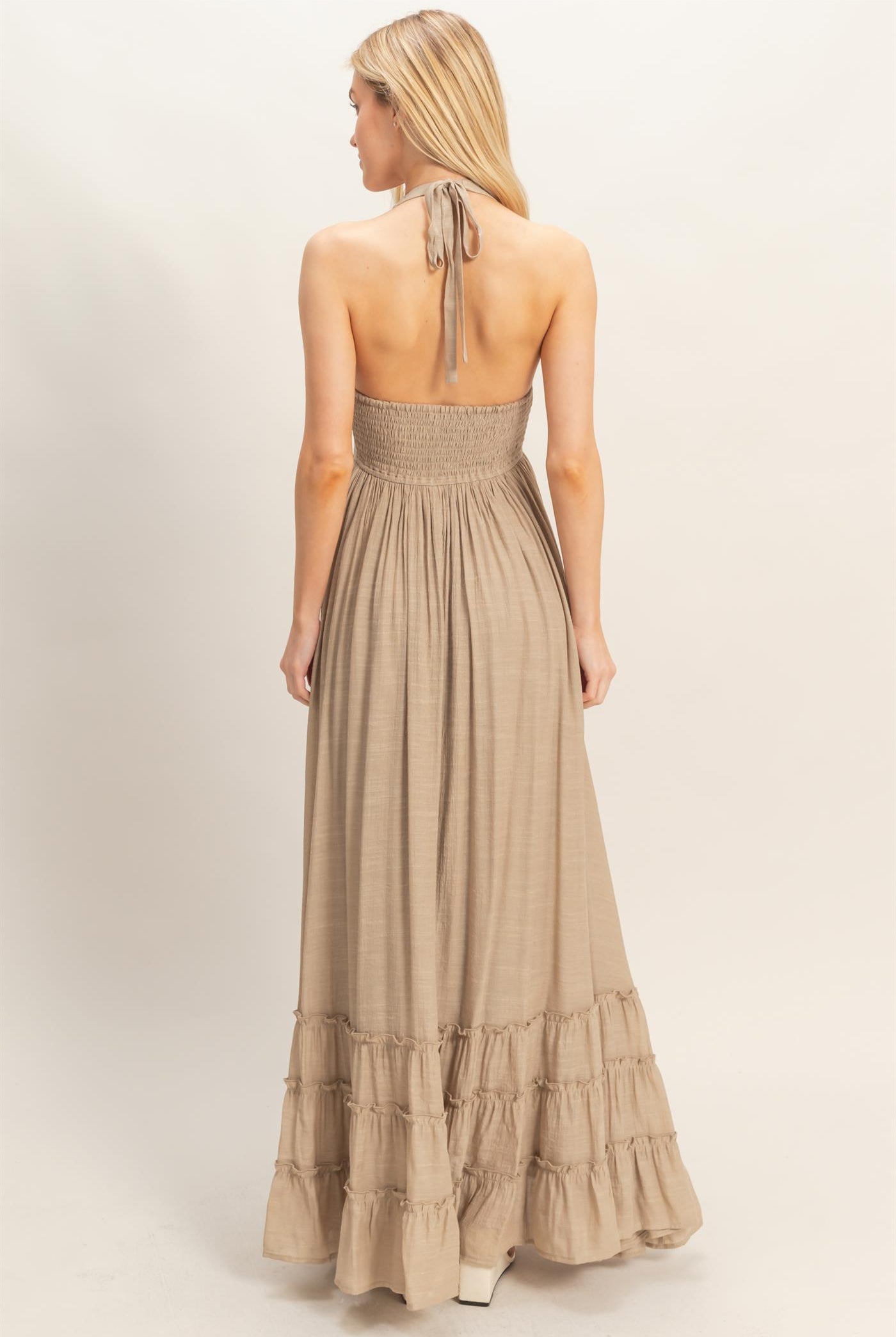 Wholesale Halter Neck Smocked Maxi Dress Dresses HF26C287-D TAUPE HYFVE