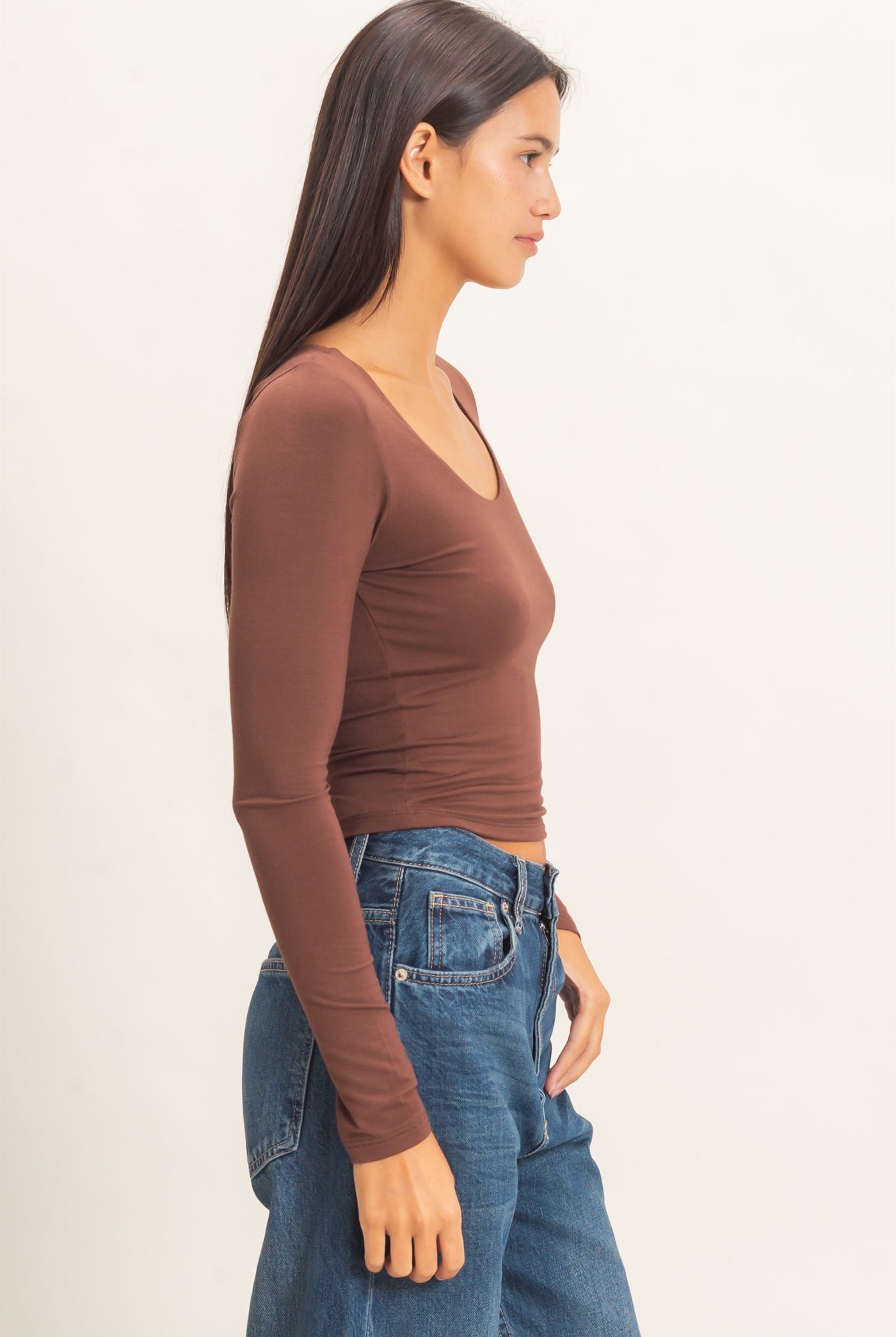 Wholesale Scoop Neck Long Sleeve Top Clothing Tops DZ26E250 DARK BROWN DOUBLE ZERO