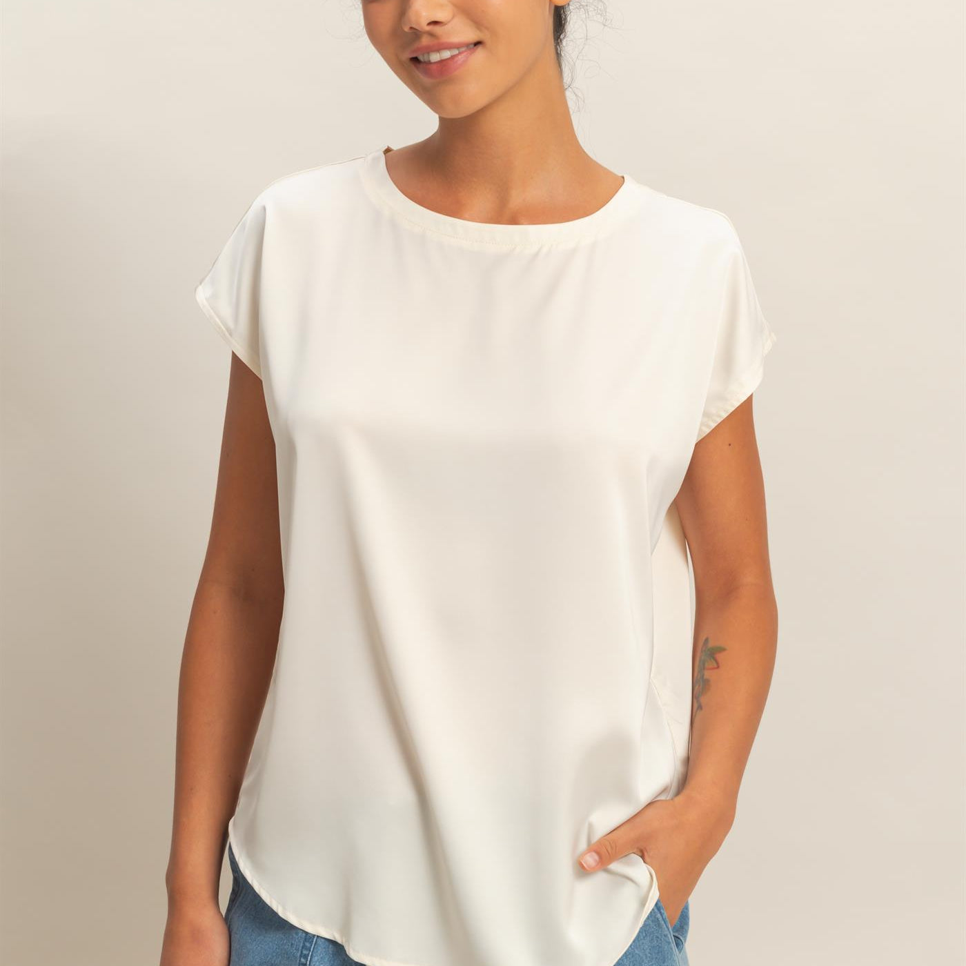 Wholesale Satin Dolman Sleeve Round Neck Blouse Clothing Tops DZ26C181 WHIP CREAM DOUBLE ZERO