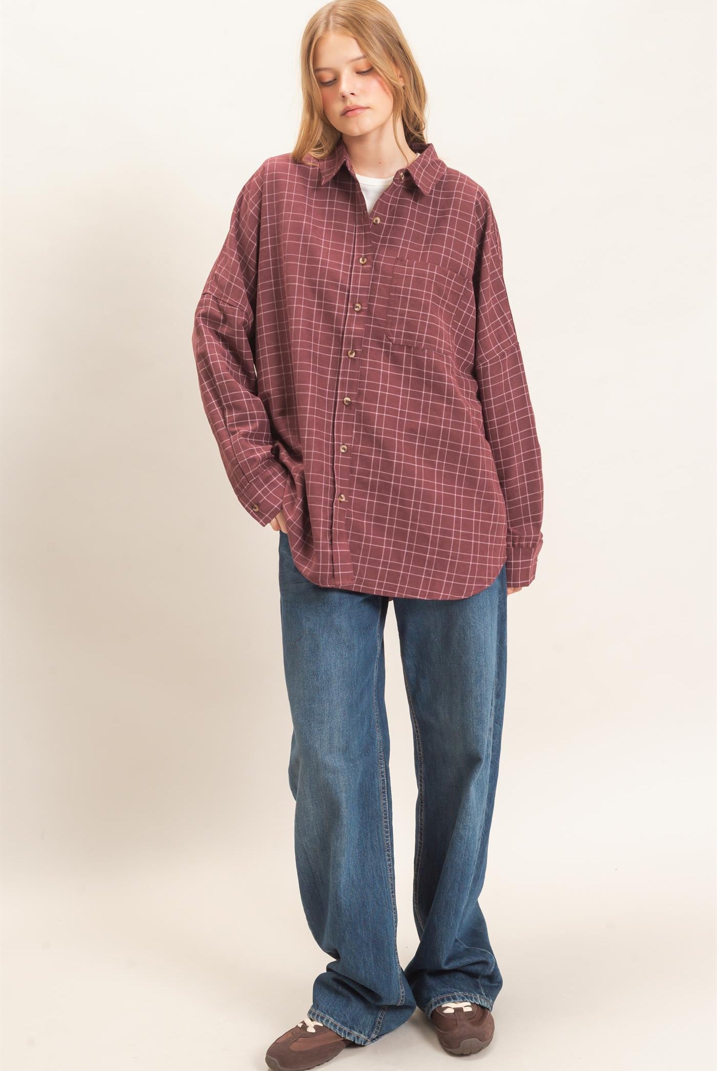 Wholesale Plaid Button-Up Shirt Shirts HF26E734 WINE HYFVE
