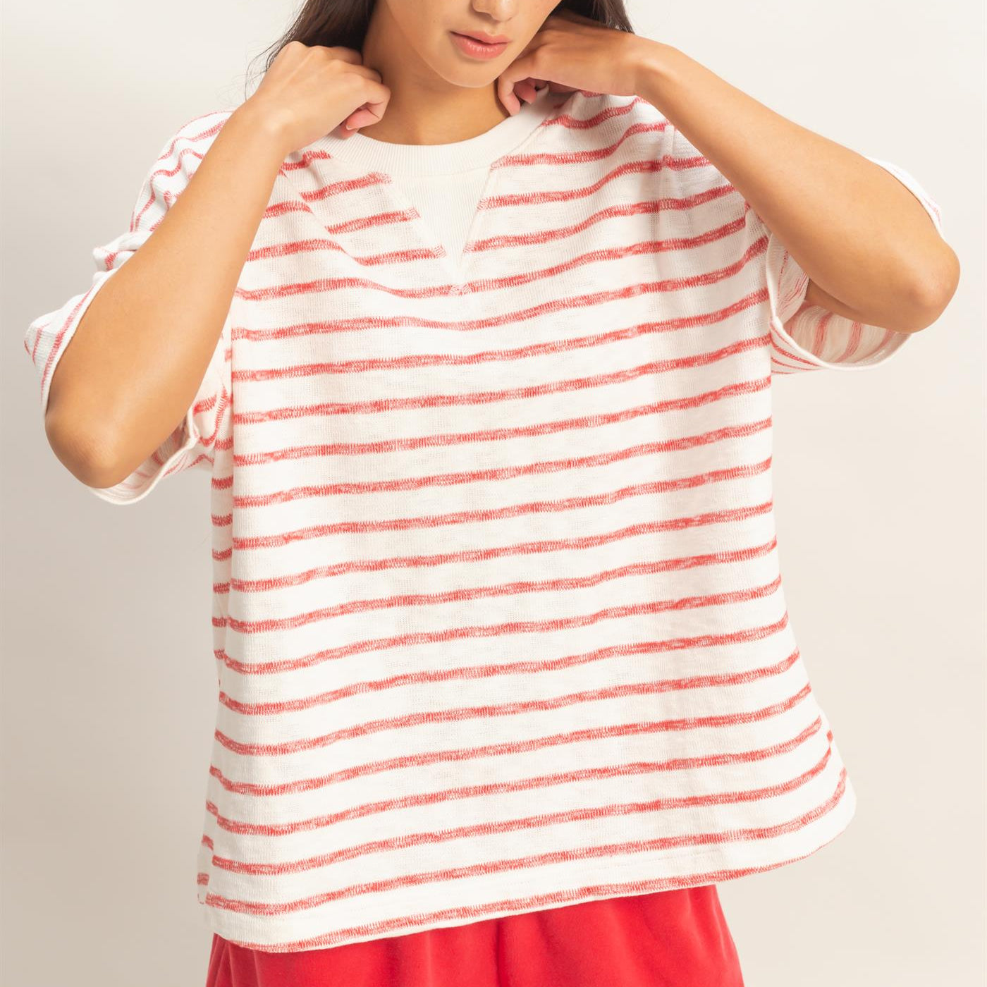 Wholesale Oversized Striped V-Stitch Short Sleeve Top Clothing Tops DZ26A455 RED DOUBLE ZERO