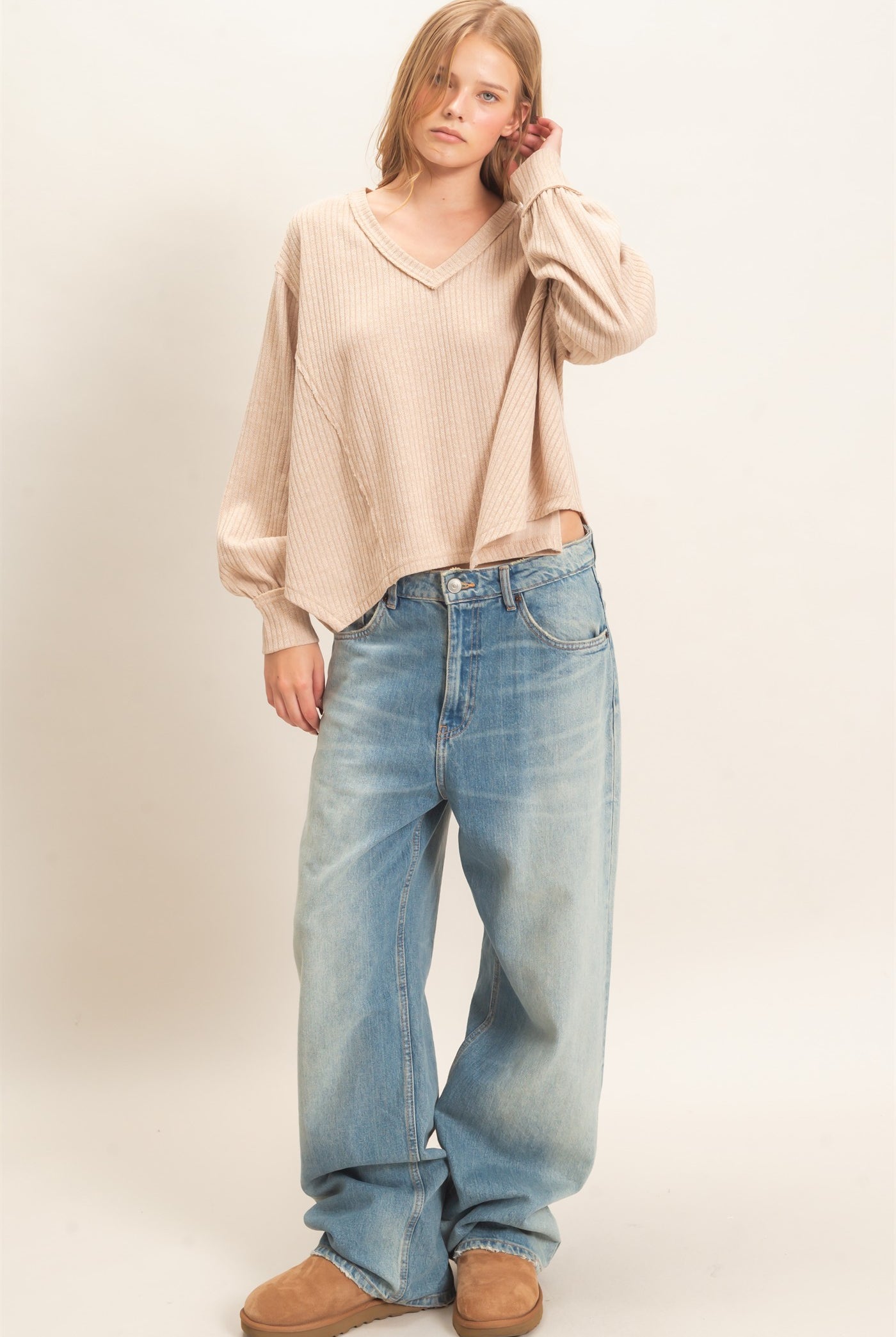 Wholesale Ribbed V-Neck Knit Top Shirts HF26F351 BEIGE HYFVE