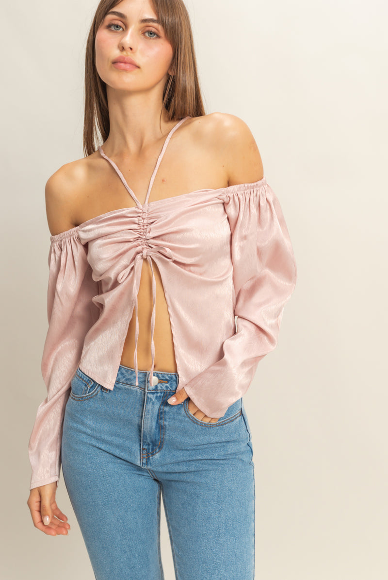 Wholesale Tie-Front Off-Shoulder Blouse Clothing Tops FS22E859 MAUVE HYFVE