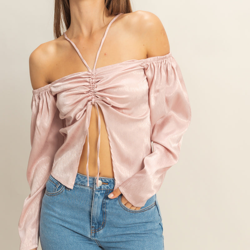 Wholesale Tie-Front Off-Shoulder Blouse Clothing Tops FS22E859 MAUVE HYFVE