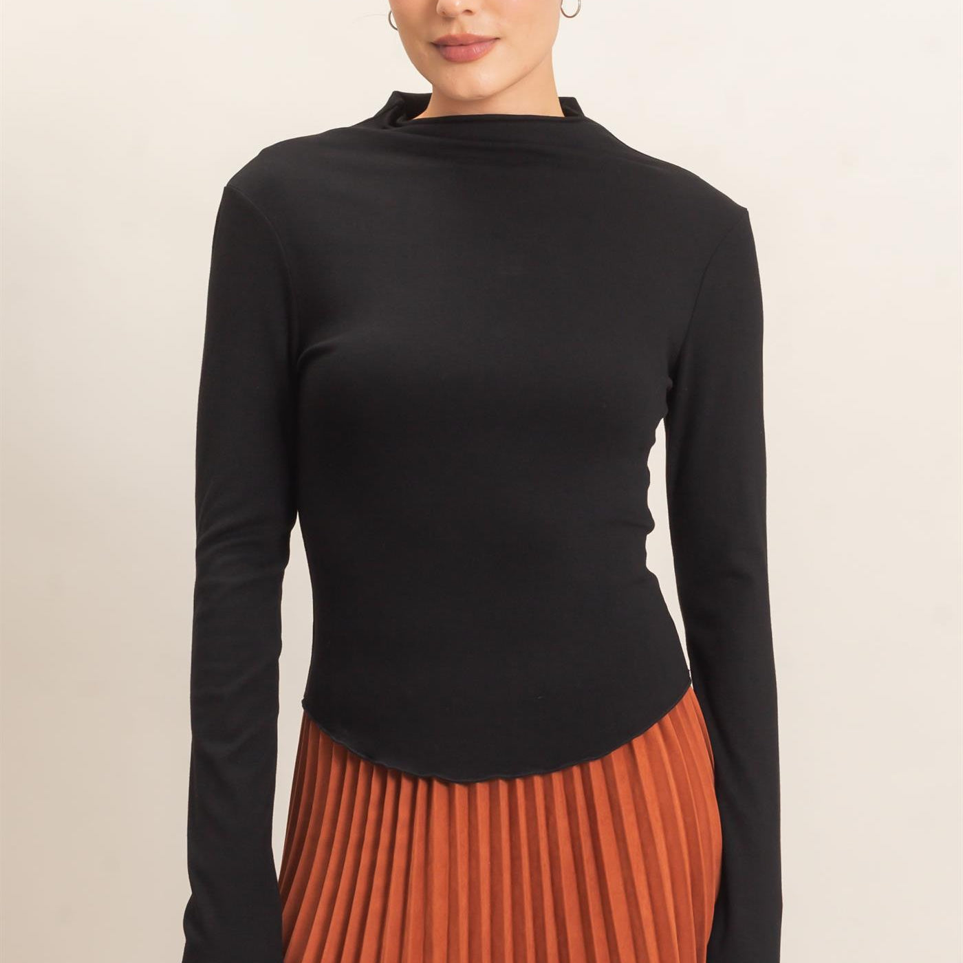 Wholesale Long Sleeve Lettuce Hem Top Clothing Tops HF26F122 BLACK HYFVE
