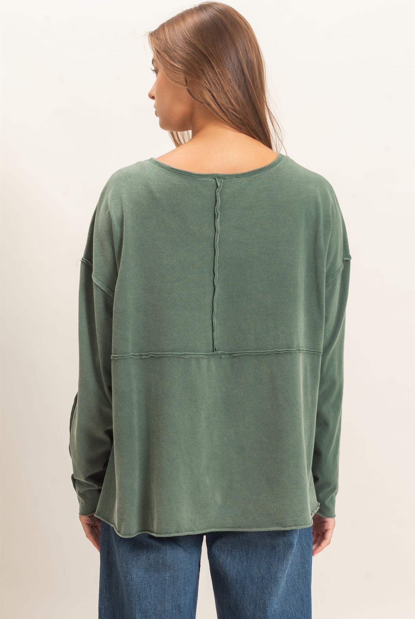 Wholesale Oversized Henley Top With Raw Edges Clothing Tops DZ26F128 DARK GREEN DOUBLE ZERO