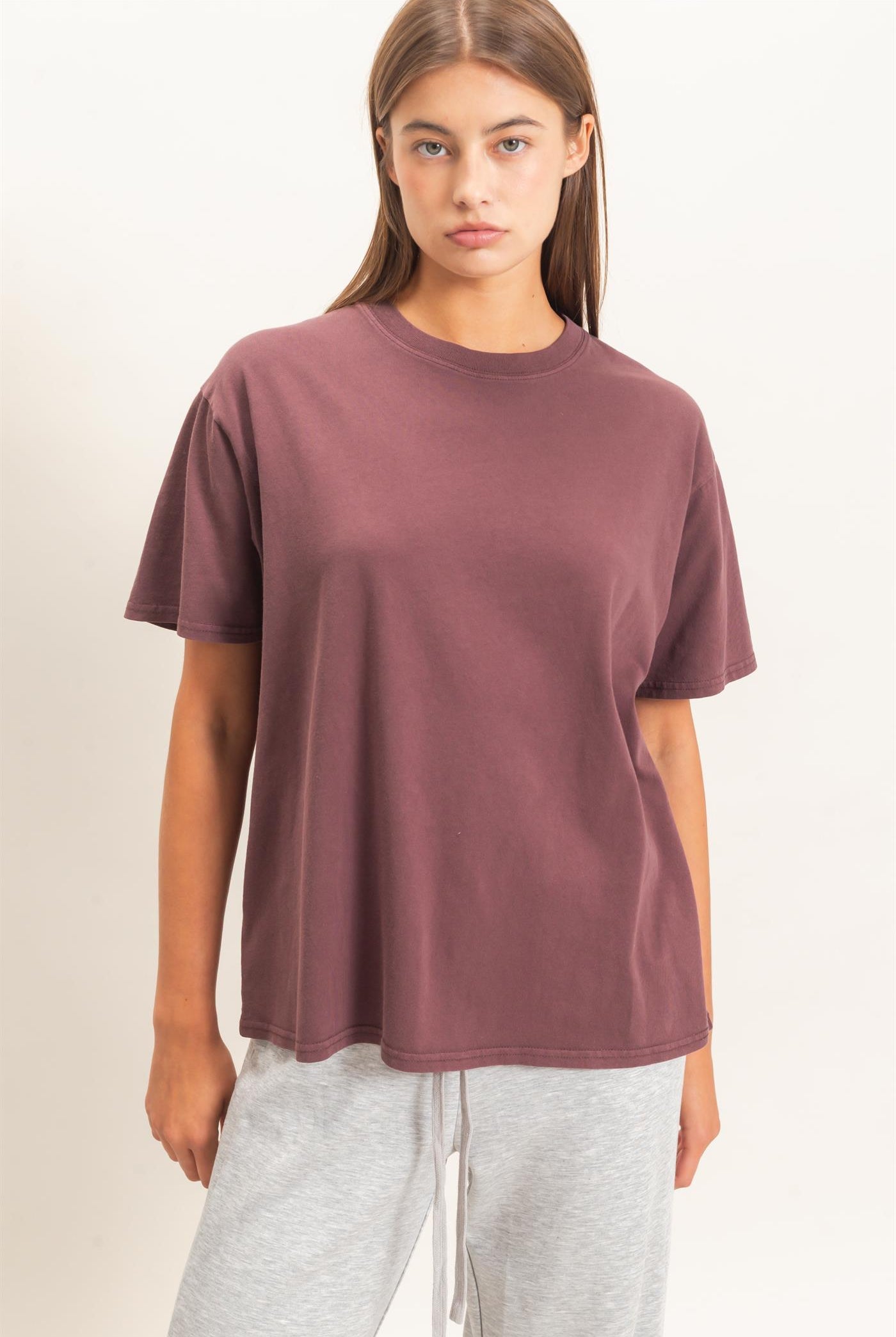 Wholesale Crew Neck Pigment Dye T-Shirt Clothing Tops DZ26E448 COCOA DOUBLE ZERO