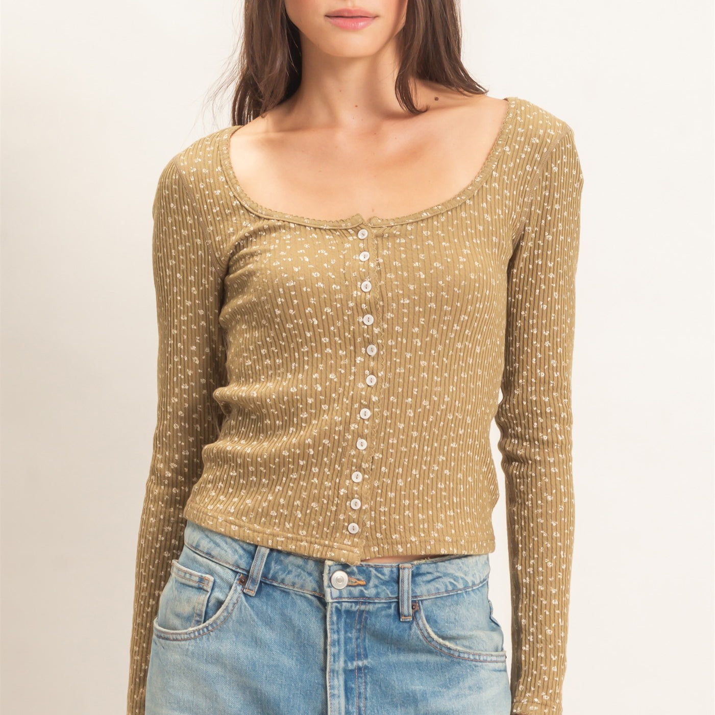 Wholesale Square Neck Button-Up Top Clothing Tops HF26E675 OLIVE HYFVE