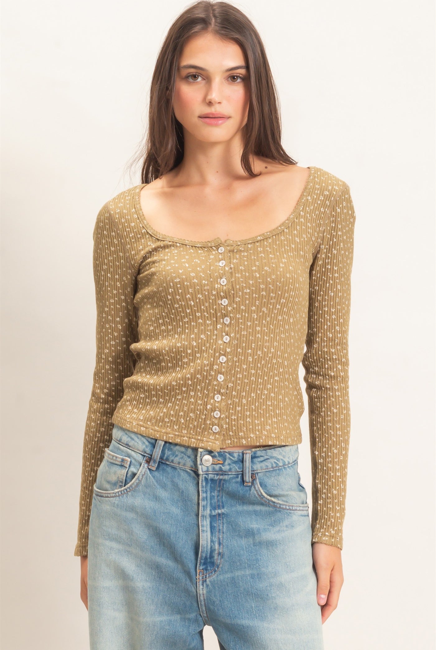 Wholesale Square Neck Button-Up Top Clothing Tops HF26E675 OLIVE HYFVE