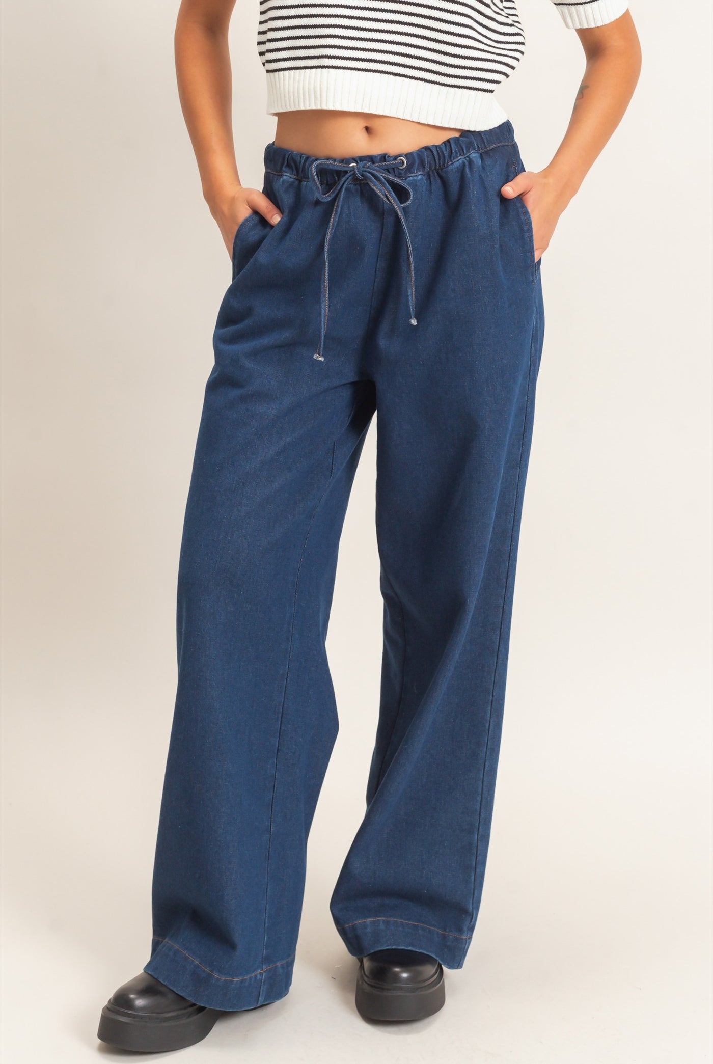 Wholesale Elastic Waist Wide Leg Denim Pants Pants DZ26E331 DARK BLUE DOUBLE ZERO