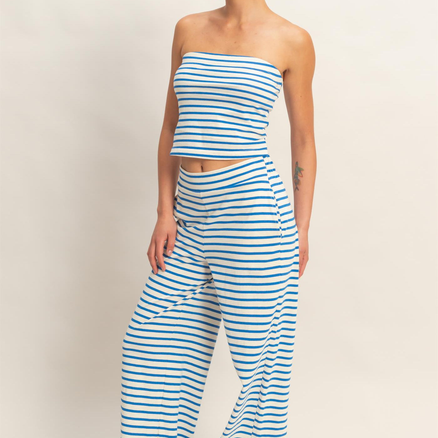 Wholesale Striped Jersey Tube Top And Pants Set Clothing DZ26C621-SET BLUE DOUBLE ZERO