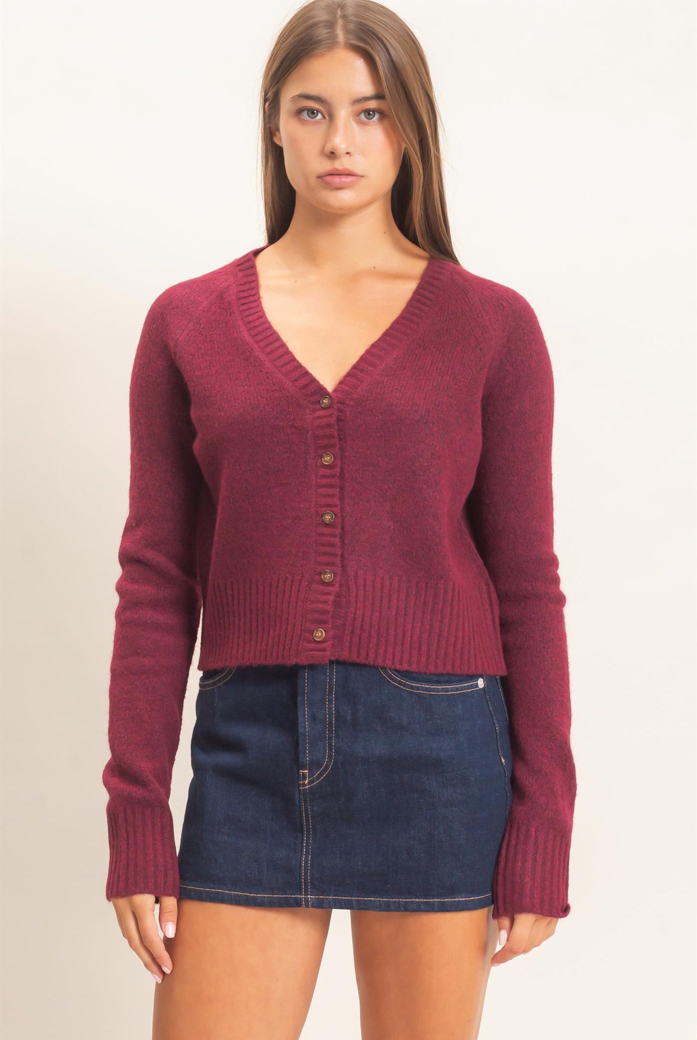 Wholesale V-Neck Cardigan Cardigans DZ26E326 DARK CHERRY DOUBLE ZERO