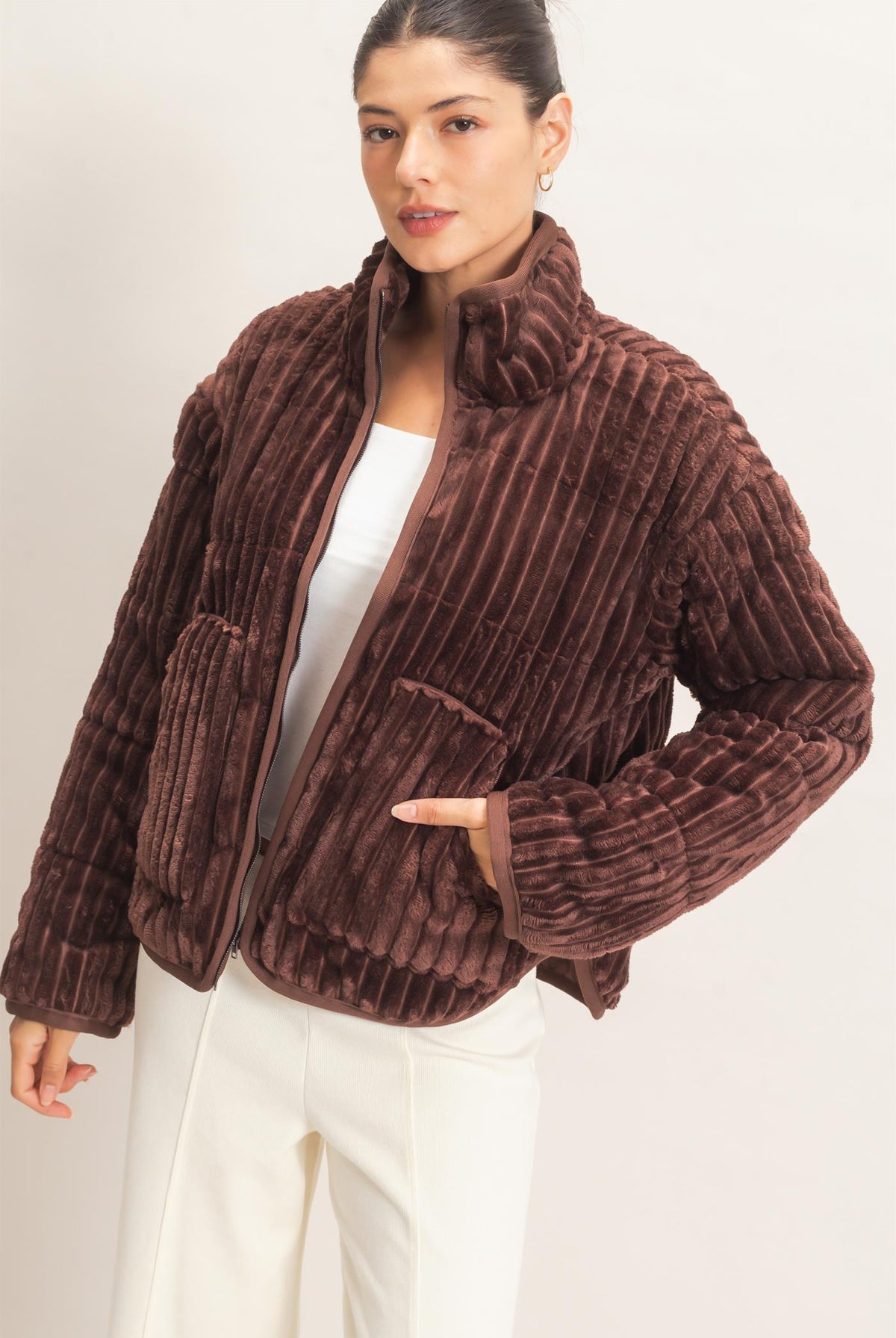 Wholesale Quilted Corduroy Zip-Up Jacket Coats & Jackets HF26E753 CHOCOLATE HYFVE