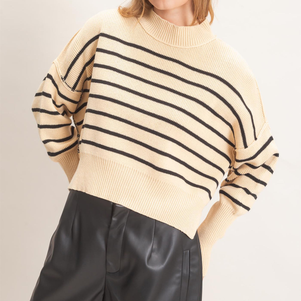 Wholesale Striped Mock Neck Cropped Sweater Sweaters HF26F192 BLACK HYFVE