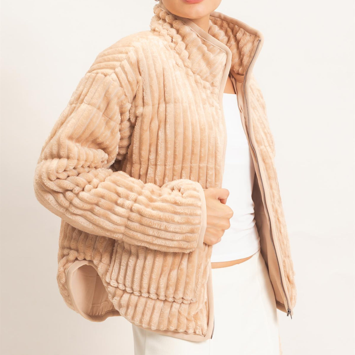 Wholesale Quilted Corduroy Zip-Up Jacket Coats & Jackets HF26E753 BEIGE HYFVE