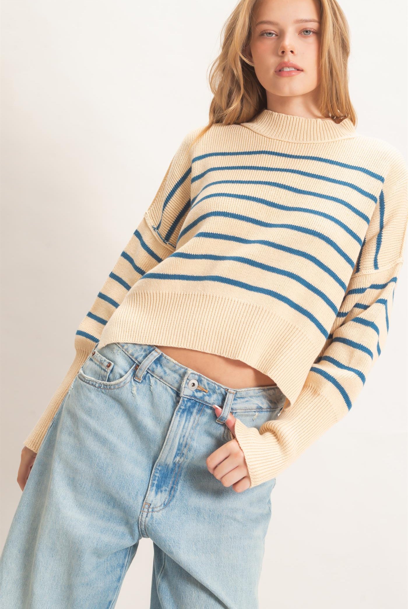 Wholesale Striped Mock Neck Cropped Sweater Sweaters HF26F192 BLUE HYFVE
