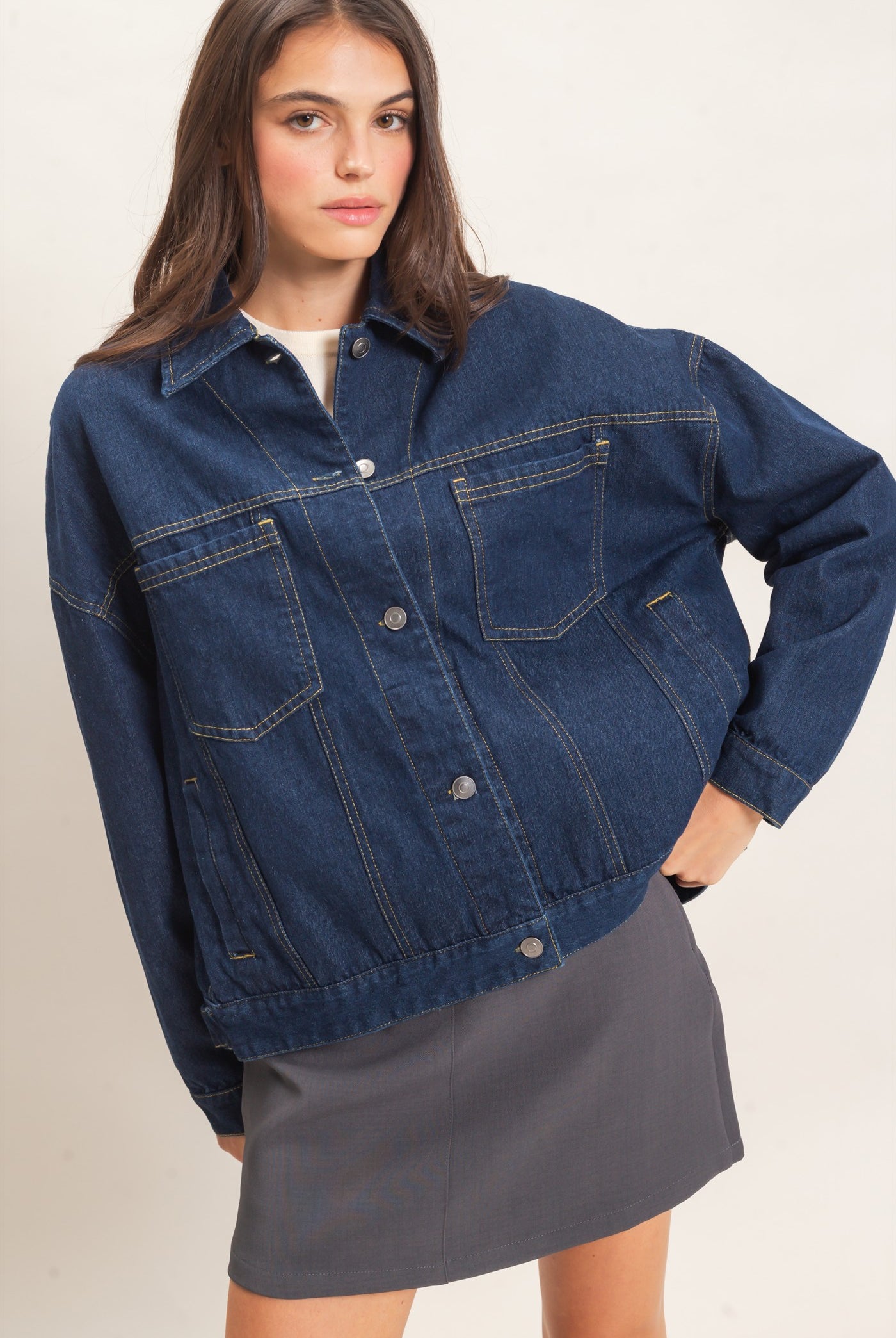 Wholesale Button-Up Denim Jacket Coats & Jackets HF26E001 DARK DENIM HYFVE