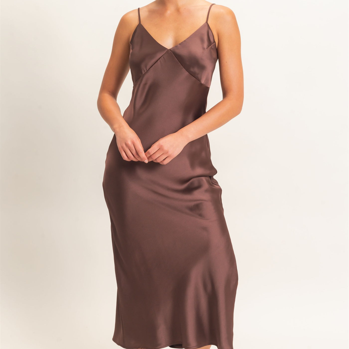 Wholesale Satin V-Neck Slip Dress Dresses DZ26E262 DARK BROWN DOUBLE ZERO