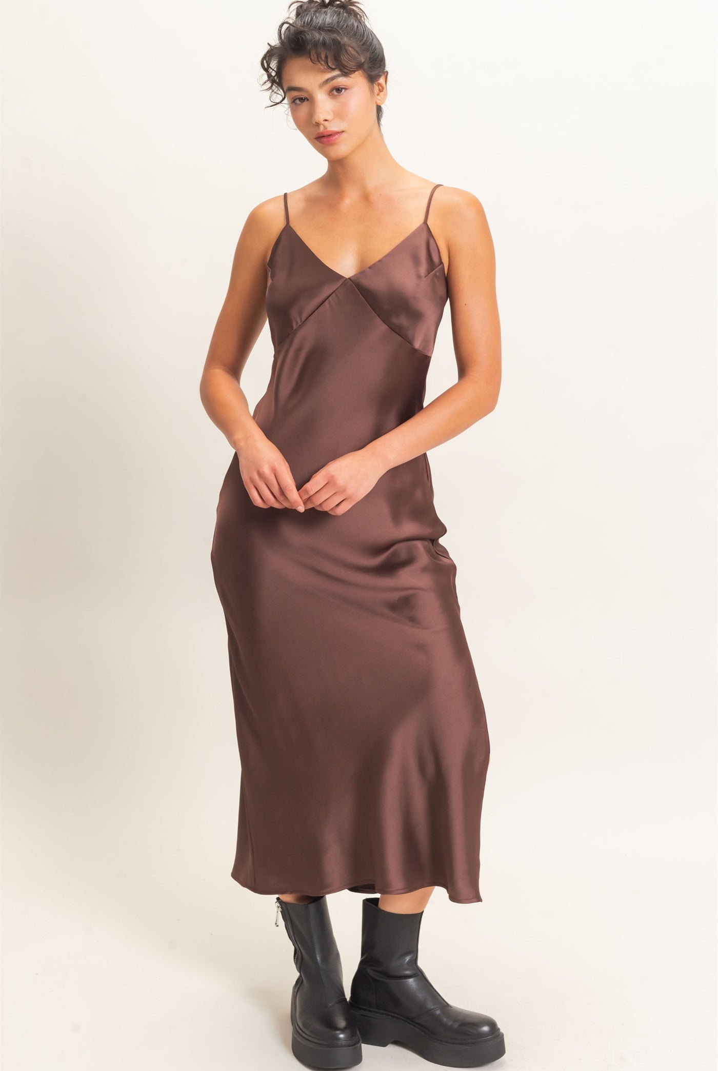 Wholesale Satin V-Neck Slip Dress Dresses DZ26E262 DARK BROWN DOUBLE ZERO