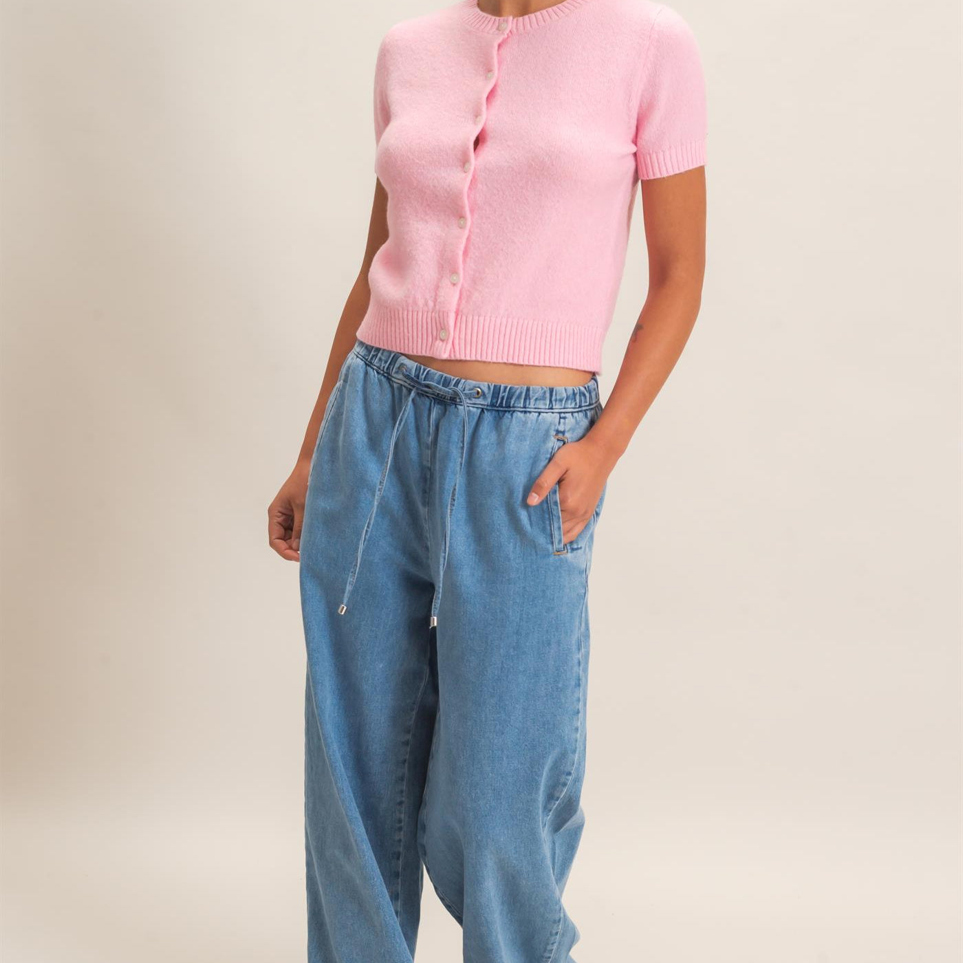 Wholesale Crew Neck Short Sleeve Cardigan Cardigans DZ26E108 PINK DOUBLE ZERO