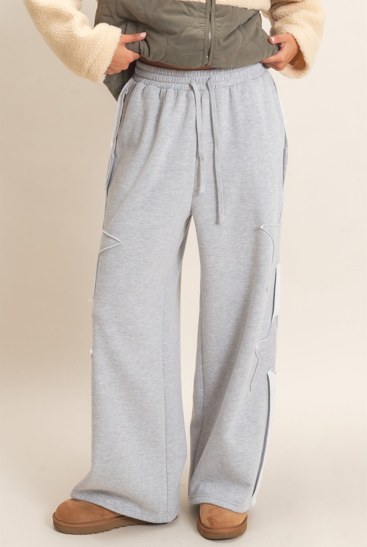Wholesale French Terry Star Patch Sweatpants Pants DZ27A197 HEATHER GRAY DOUBLE ZERO