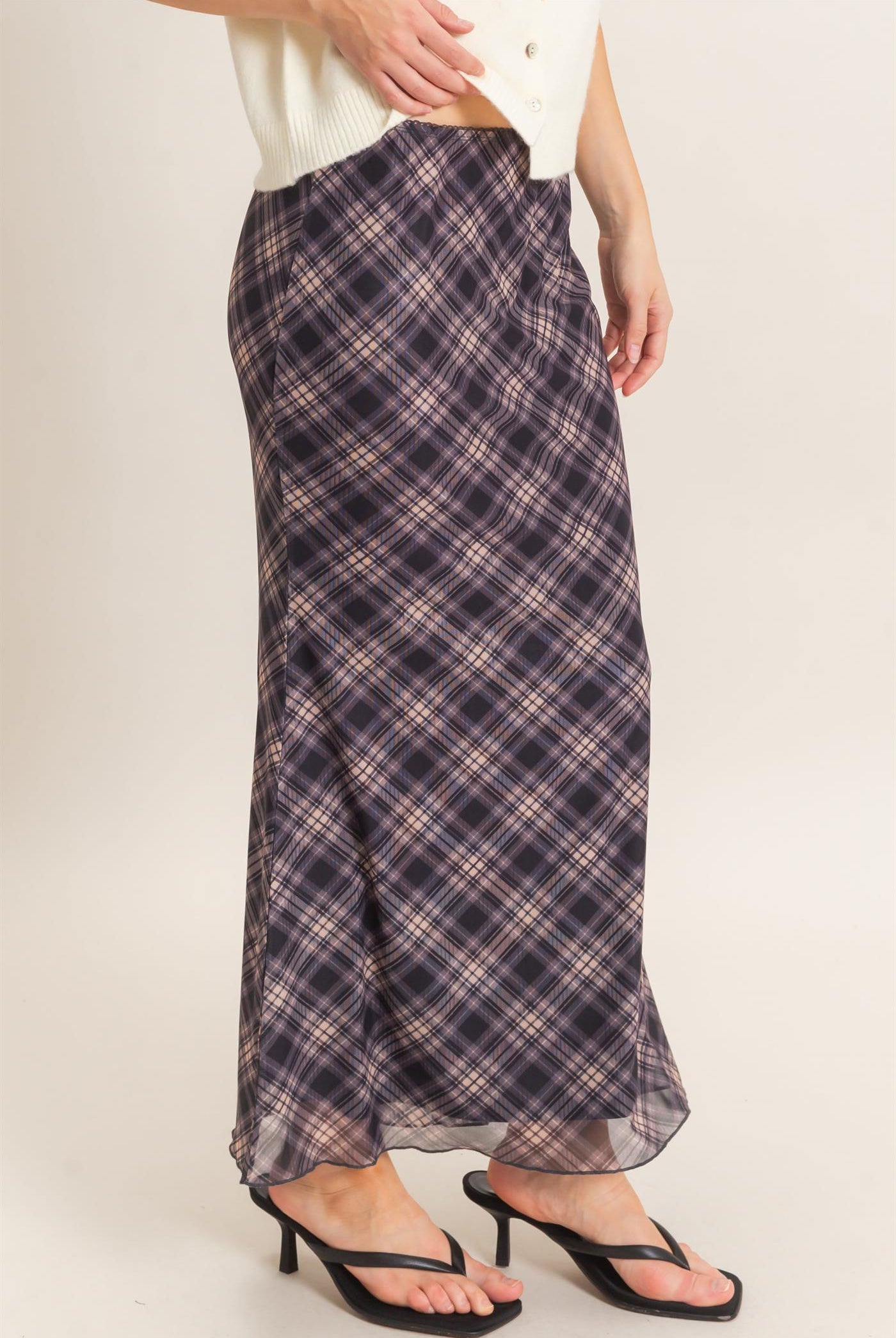 Wholesale Printed Mesh Maxi Skirt Skirts HF26F214 BLACK/PLAID HYFVE