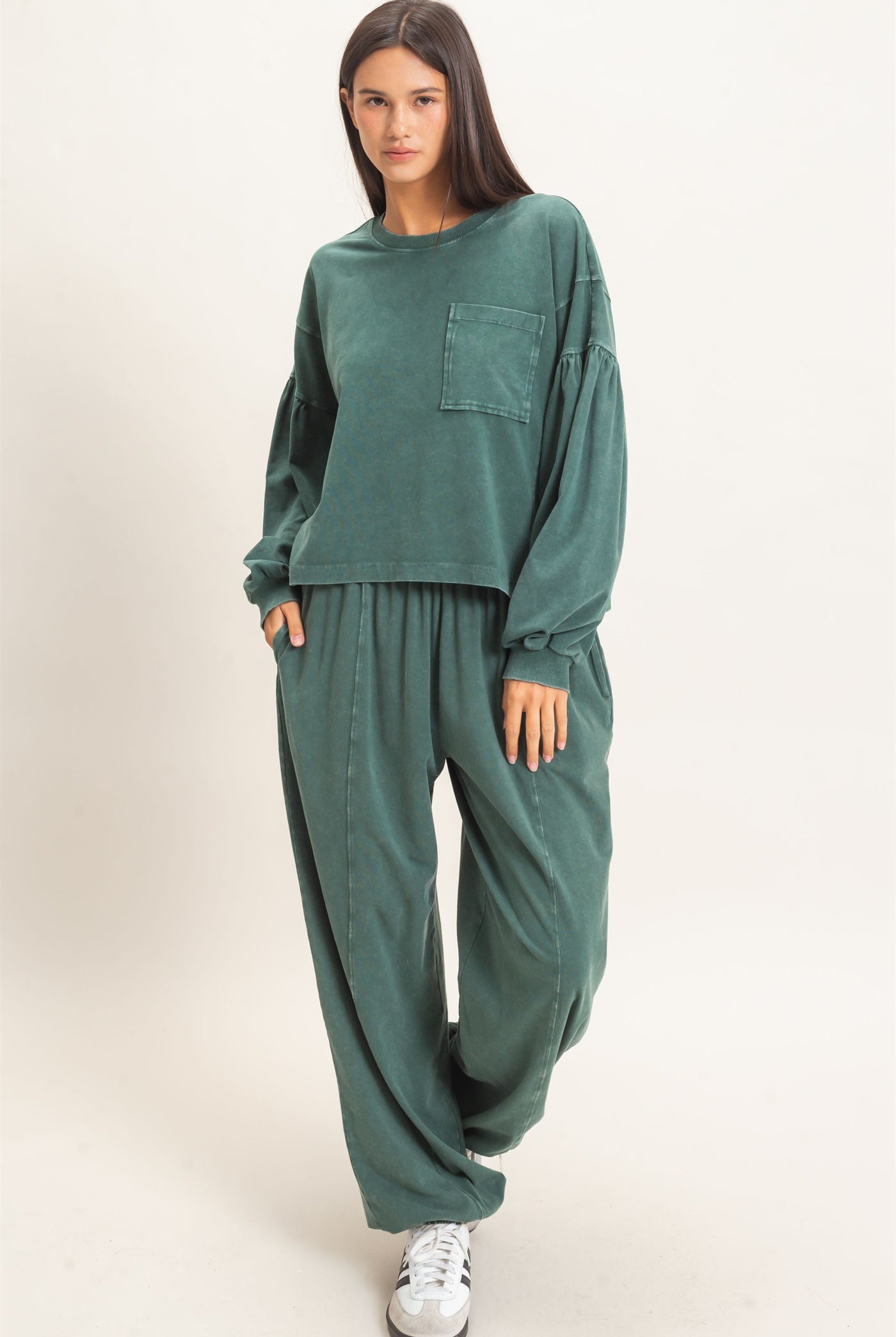Wholesale Mineral Wash Elastic Waist Jogger Pants Joggers DZ26F405 DARK GREEN DOUBLE ZERO