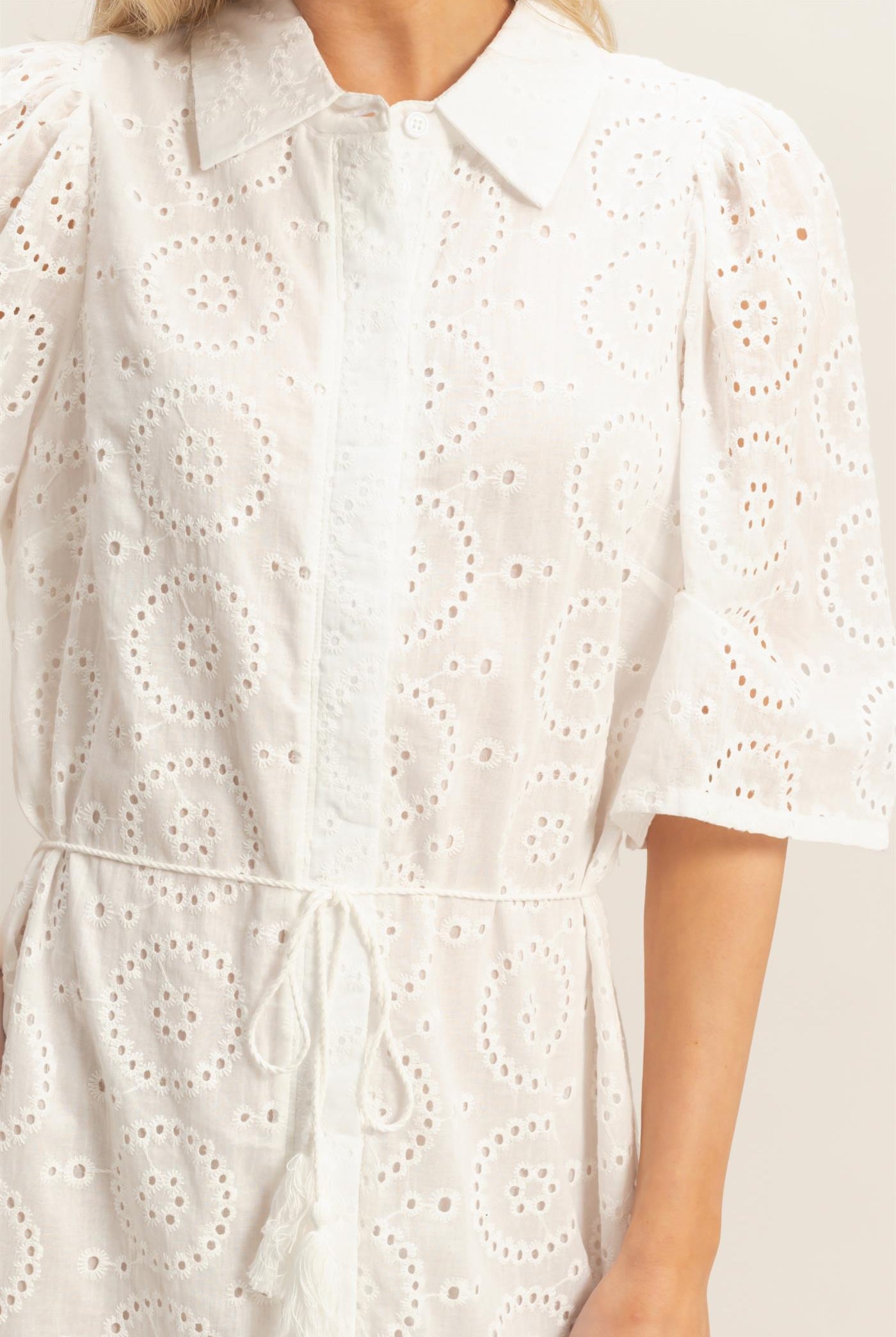 Wholesale Eyelet Collared Midi Dress Dresses HF26A021 WHITE HYFVE