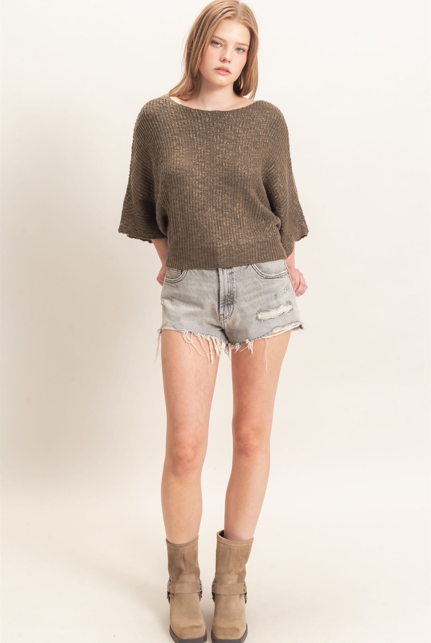 Wholesale Ribbed Boat Neck Sweater Sweaters HF26F201 OLIVE HYFVE