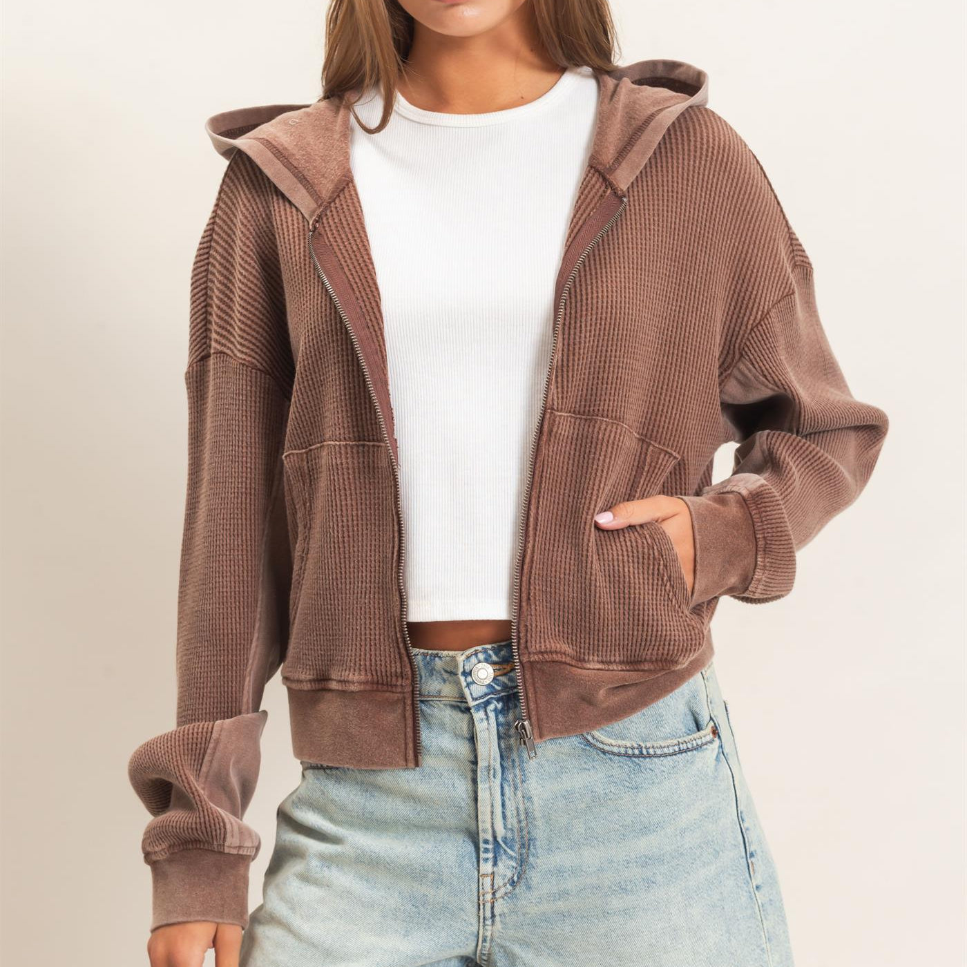 Wholesale Acid Wash Waffle Knit Zip-Up Hoodie Hoodies DZ26E401 DARK BROWN DOUBLE ZERO
